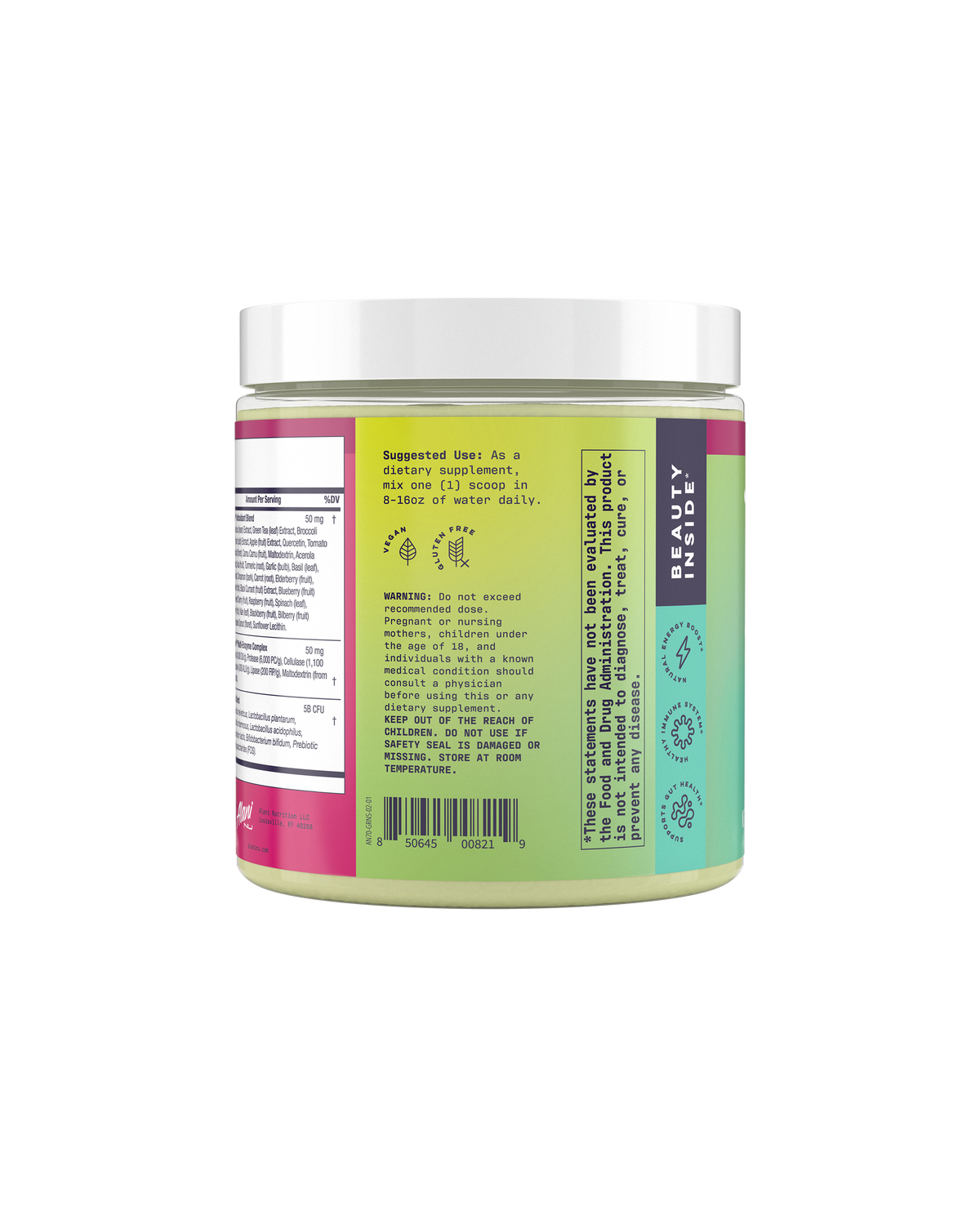 A side view of Super Greens in Wild berry flavor showcasing suggested use of product.