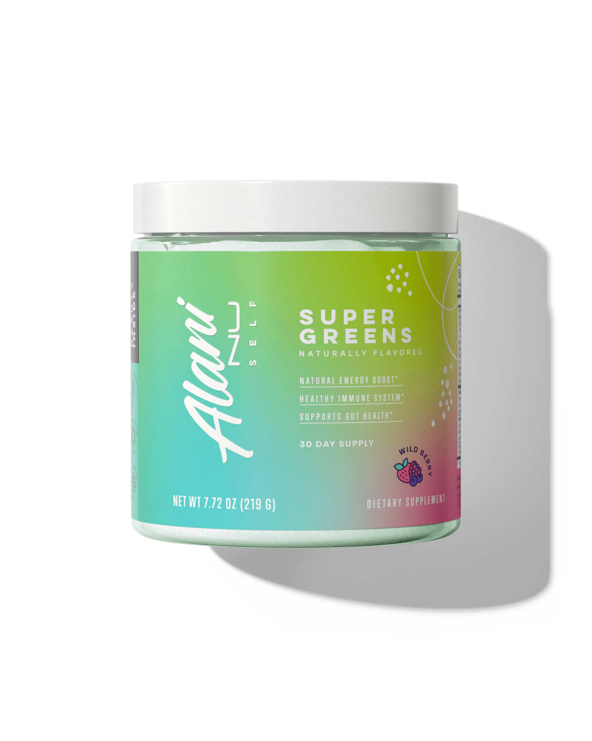 A 30 serving container of Super Greens in Wild Berry flavor.
