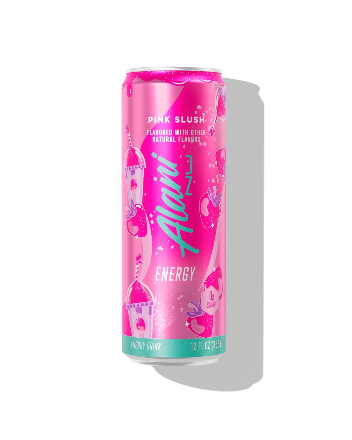 The front view of an Alani Nu Pink Slush Energy Drink can. The can has 	strawberry and pink slushie illustrations, along with a 0g sugar badge.