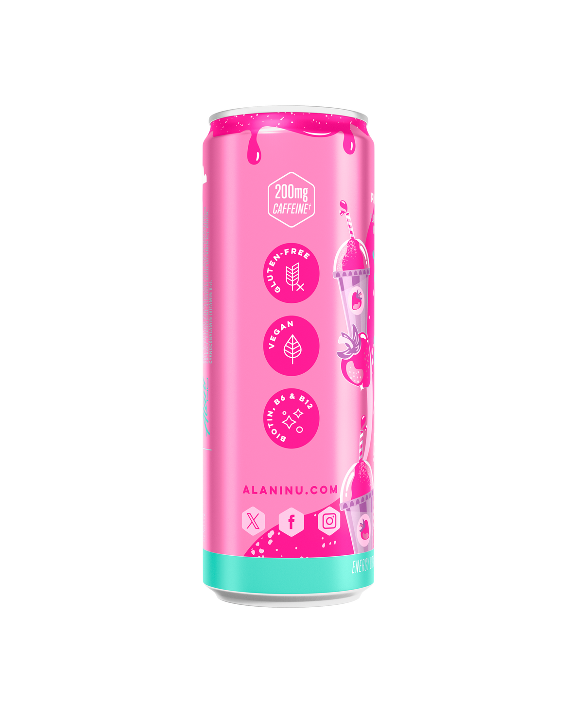 The side view of an Alani Nu Pink Slush Energy Drink can showing stacked vertical badges: 200mg caffeine, gluten-free, vegan, biotin, B6 &amp; B12. At the bottom, AlaniNu.com sits above 3 social media icons. 