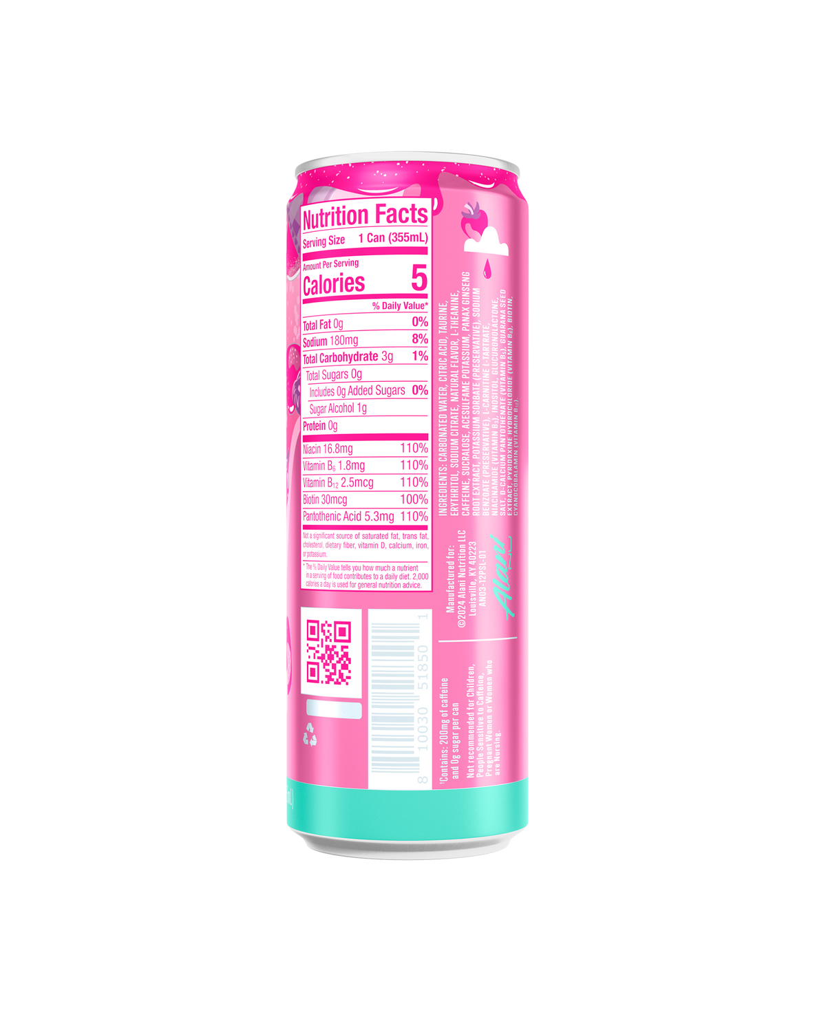 The back view of an Alani Nu Pink Slush Energy Drink can, highlighting nutrition facts.  