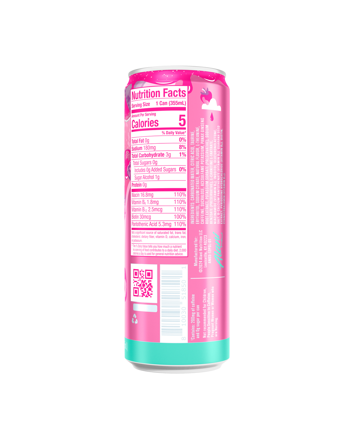 The back view of an Alani Nu Pink Slush Energy Drink can, highlighting nutrition facts.
