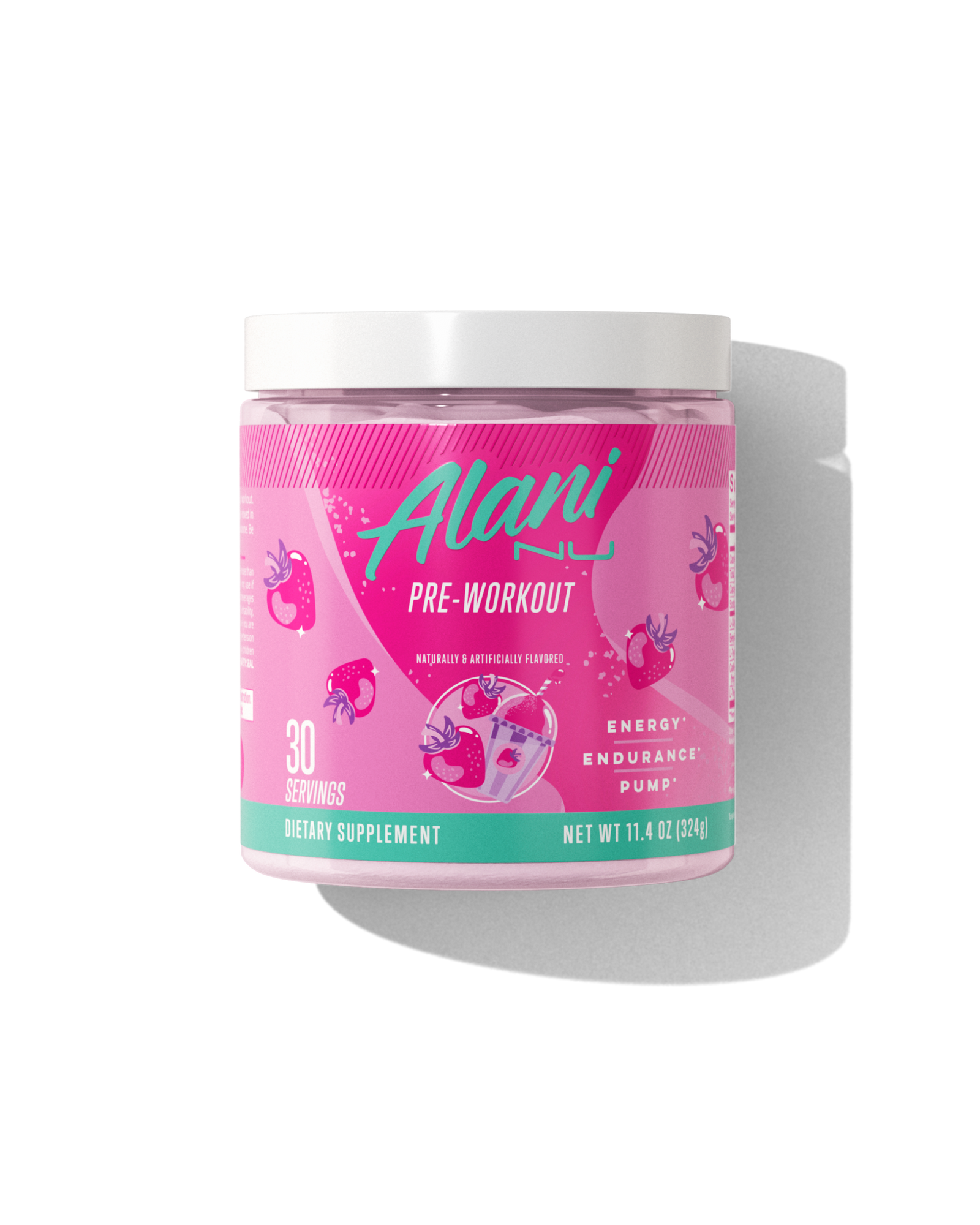 Alani Nu's Pre-Workout - Pink Slush boasts a vibrant pink label with fruit graphics. It offers 30 servings for energy, endurance, and pump without sugar. With caffeine for workout boosts, it has a net weight of 11.4 oz (324g).