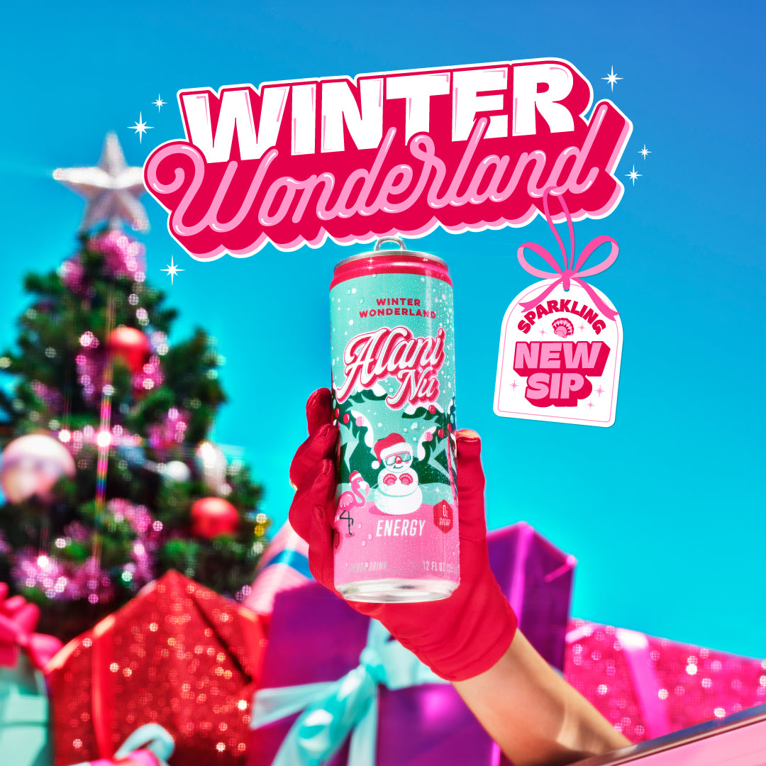 A woman’s gloved hand raising Alani Nu’s sugar-free, new-and-improved holiday flavor to the sky. Text reads, “Winter Wonderland; Sparkling New Sip.” Click to preview.