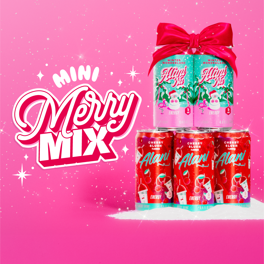 A bow-topped tower of Alani Nu's zero-sugar Winter Wonderland and Cherry Slush Mini Energy Drinks, shimmering in a pile of snow. Text reads, “Mini Merry Mix.” Click to preview.