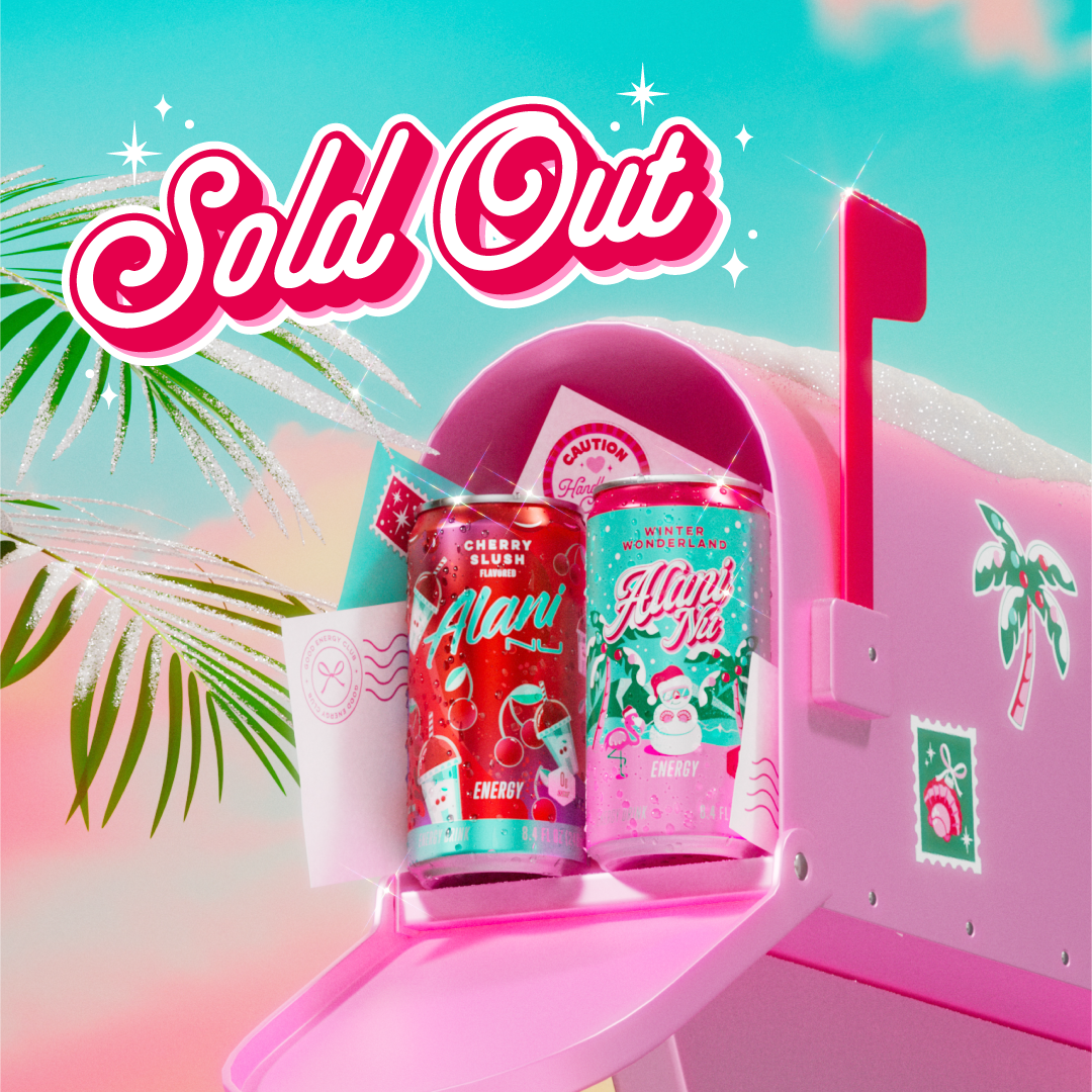 Alani Nu’s half-caff Cherry Slush and Winter Wonderland Mini Energy Drinks in a pink, snow-capped mailbox alongside colorful holiday letters. Text reads, "Stamped for stores." Click to find.