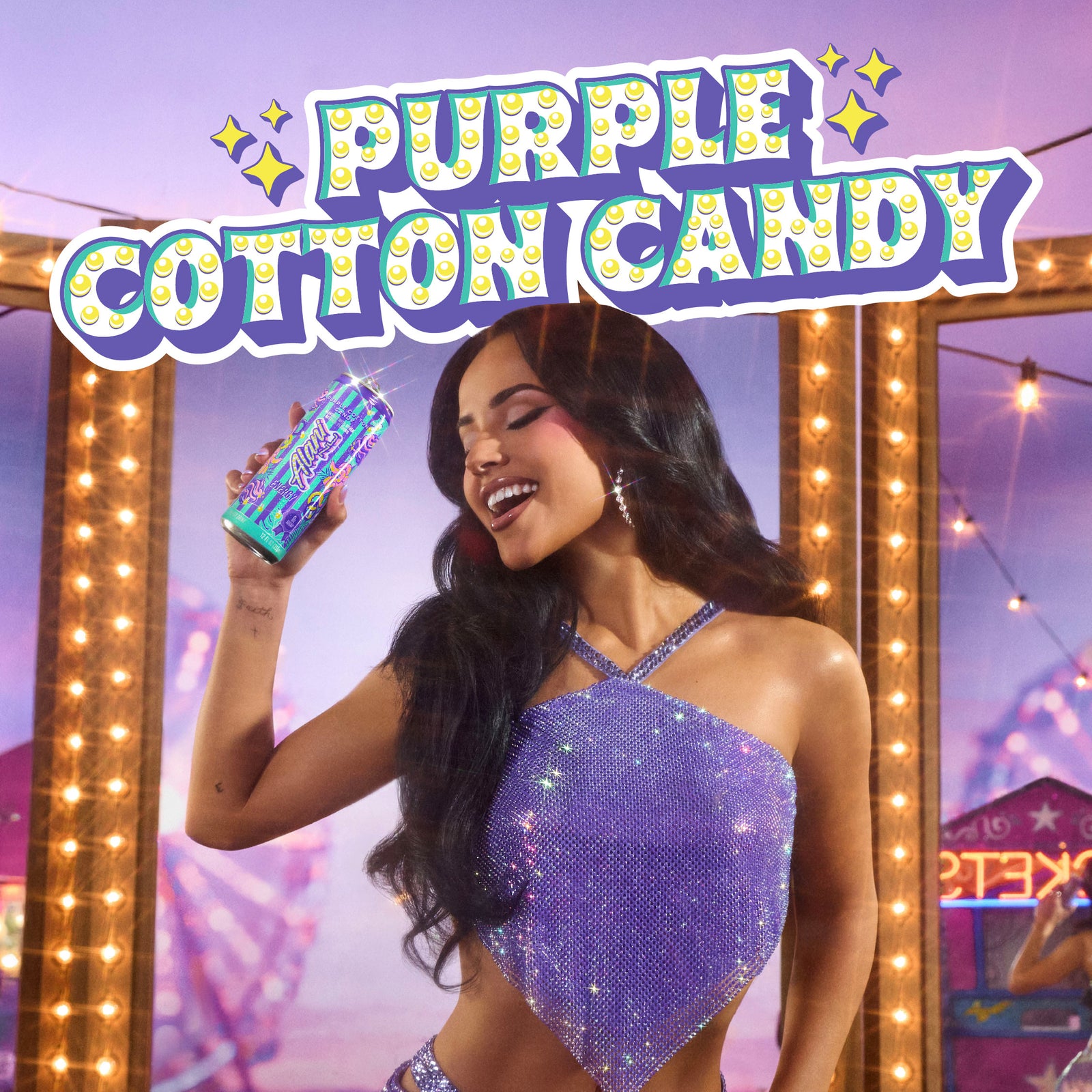 Woman in a purple outfit holding a purple cotton candy-themed drink with 'Purple Cotton Candy' text above.