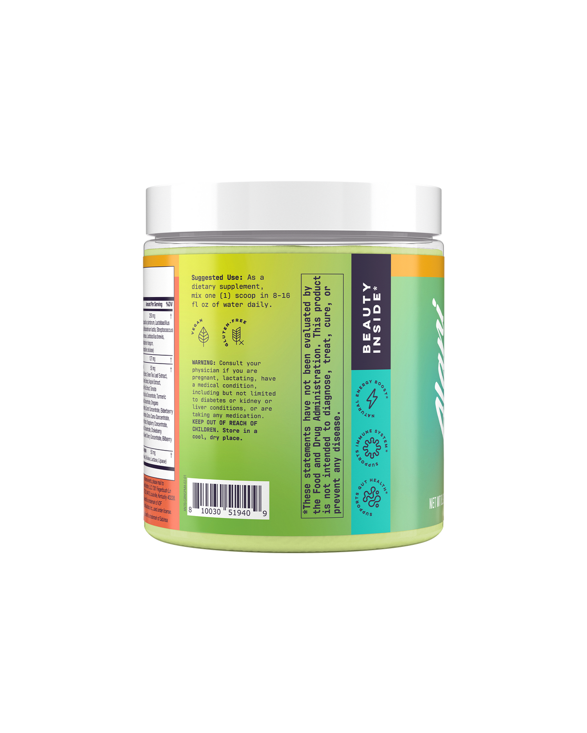 A tub of Alani Nu's Super Greens - Paradise Swirl features a colorful label detailing suggested use, warnings, and product information. Illustrated icons and text highlight benefits like an energy boost and gut and immune system support.