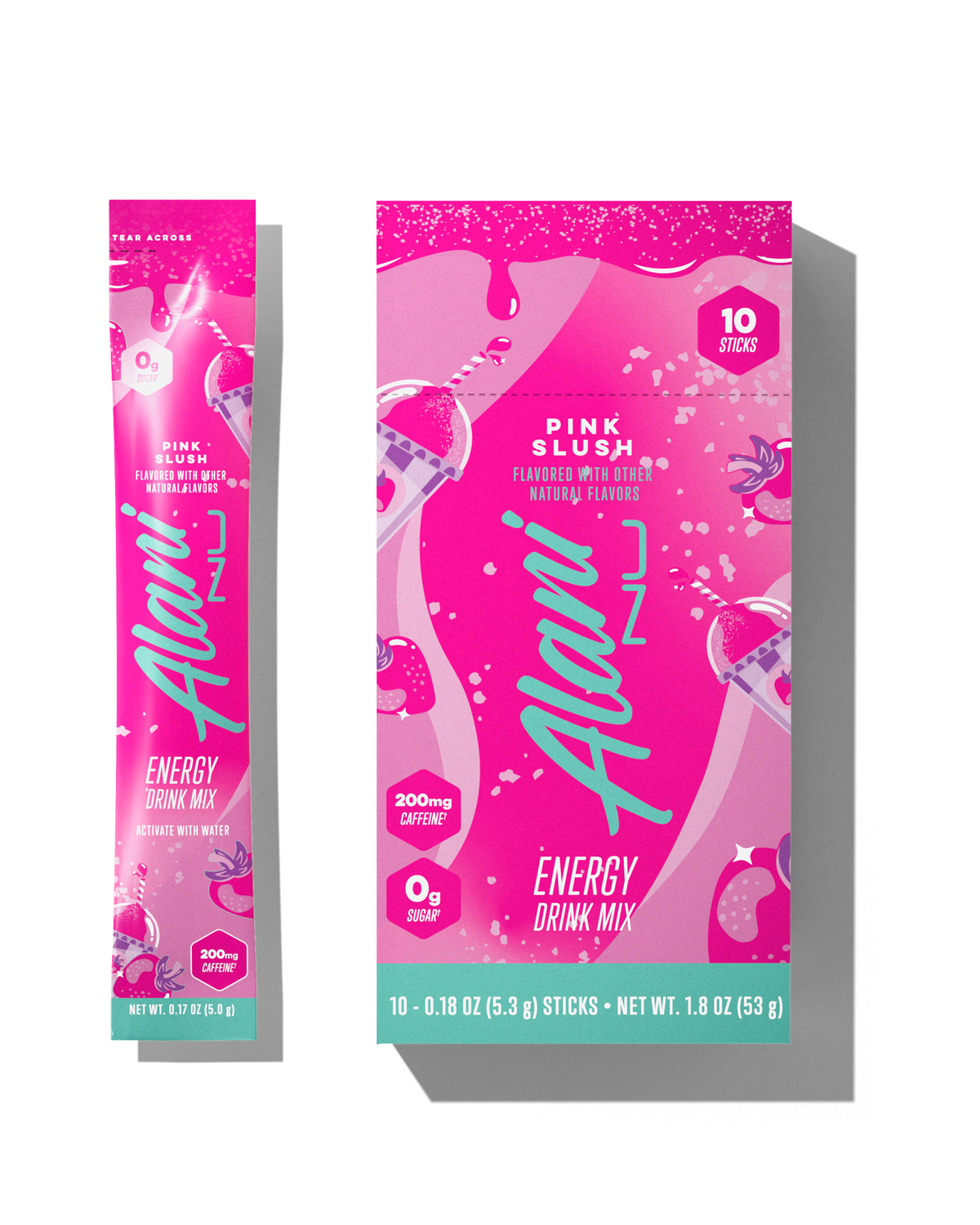 The front views of a 0.29oz stick and a 10-pack of Alani’s sugar-free Pink Slush Energy Drink Mix, flavored with other natural flavors and made with 200mg of caffeine.
