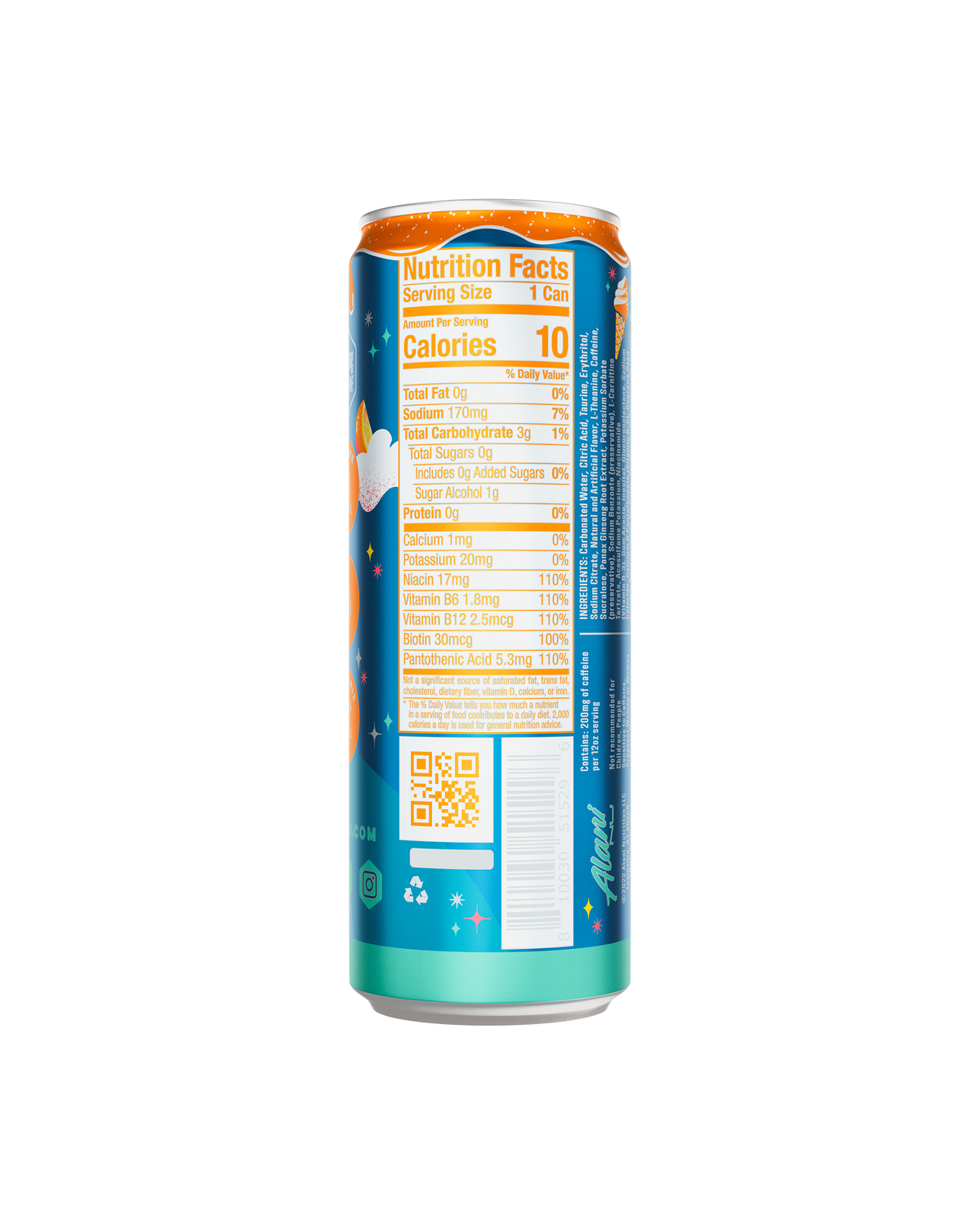 A back view of energy drink in Dream Float flavor highlighting nutrition facts.