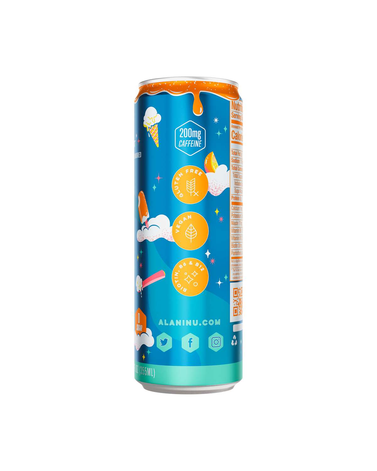 A side view of energy drink in Dream Float flavor showcasing product details such as vegan friendly, caffeine details and gluten free details.