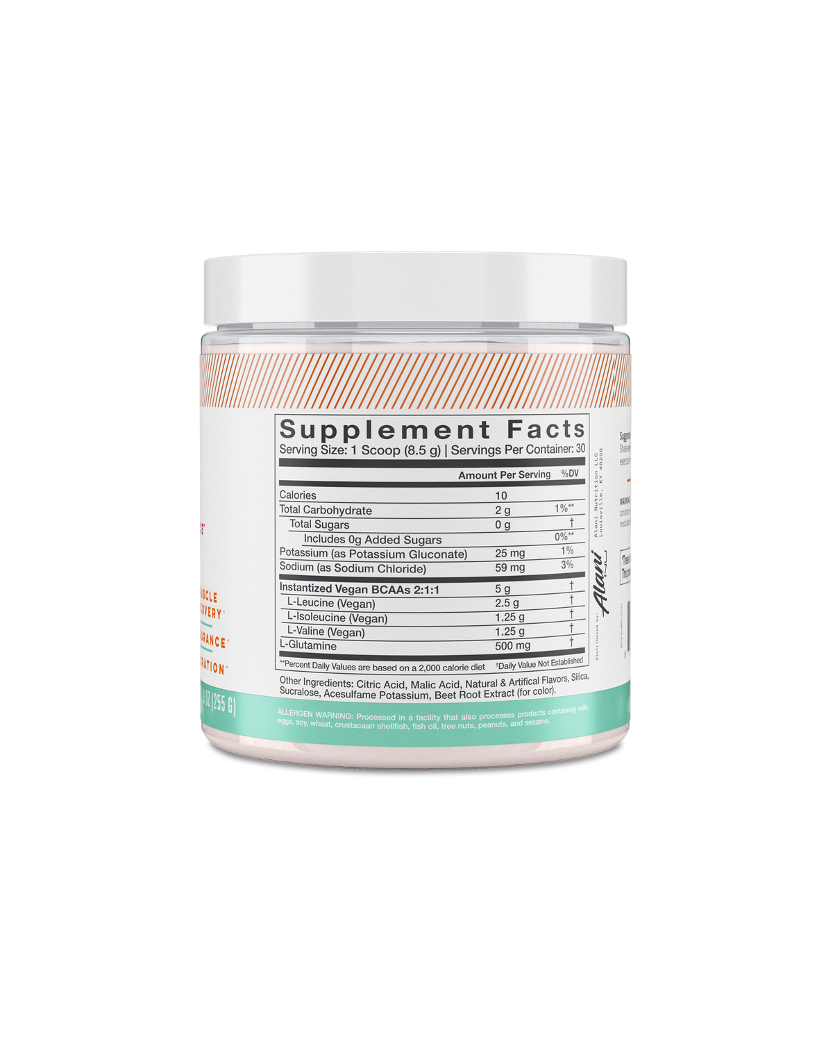 A back view of BCAA in Hawaiian Shaved Ice flavor highlighting supplement facts.