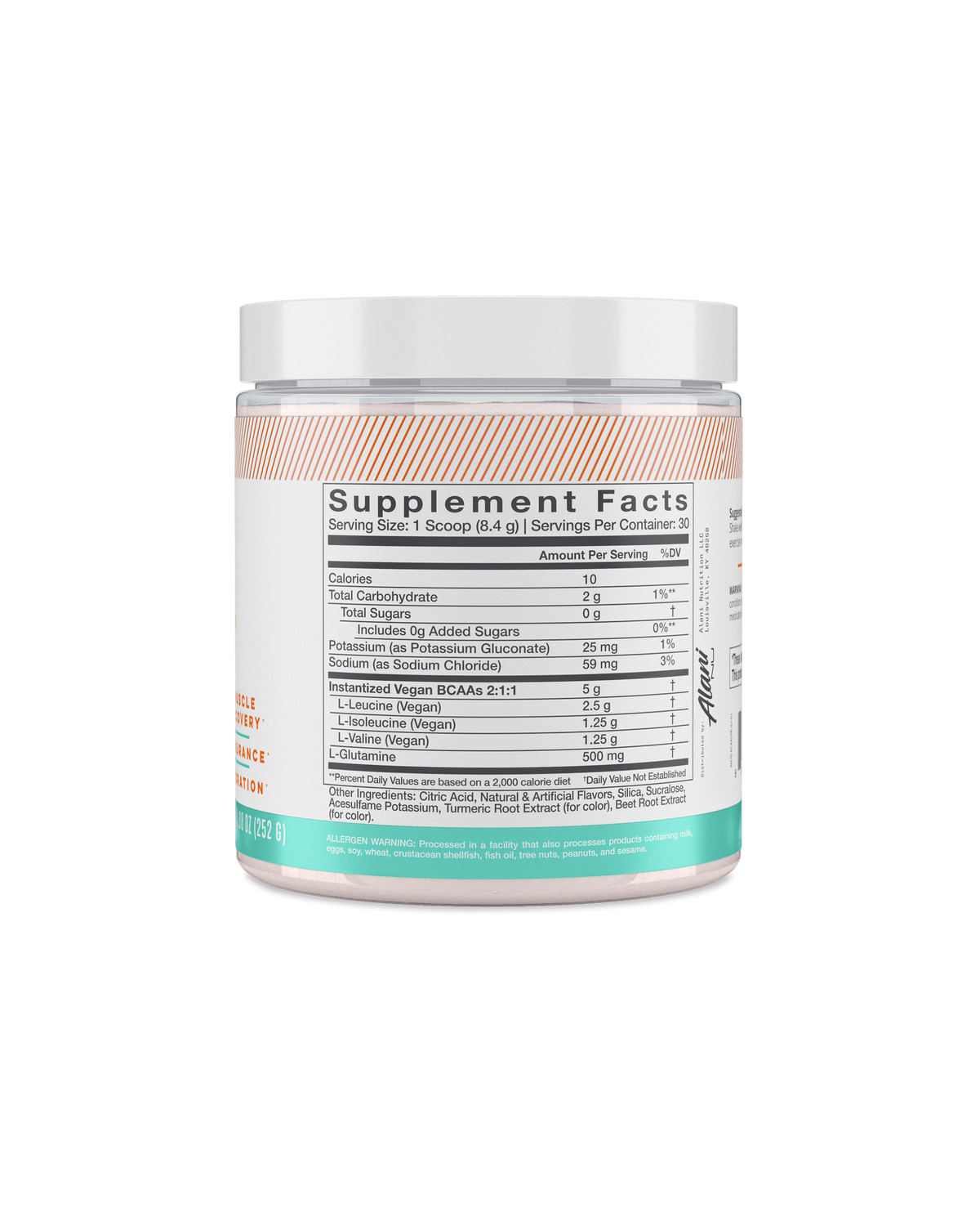 A back view of BCAA in Sour Peach Rings flavor highlighting Supplement facts.