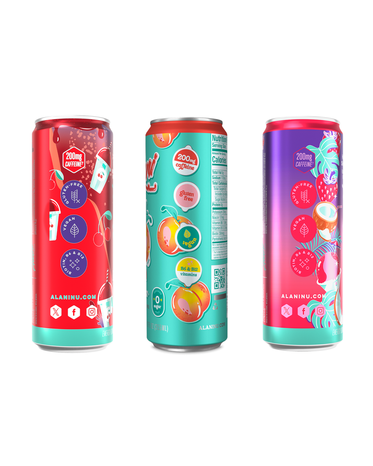The side views of Alani’s Cherry Slush, Juicy Peach, and Hawaiian Shaved Ice Energy Drinks—each gluten-free, vegan, and made with B vitamins and 200mg of caffeine.