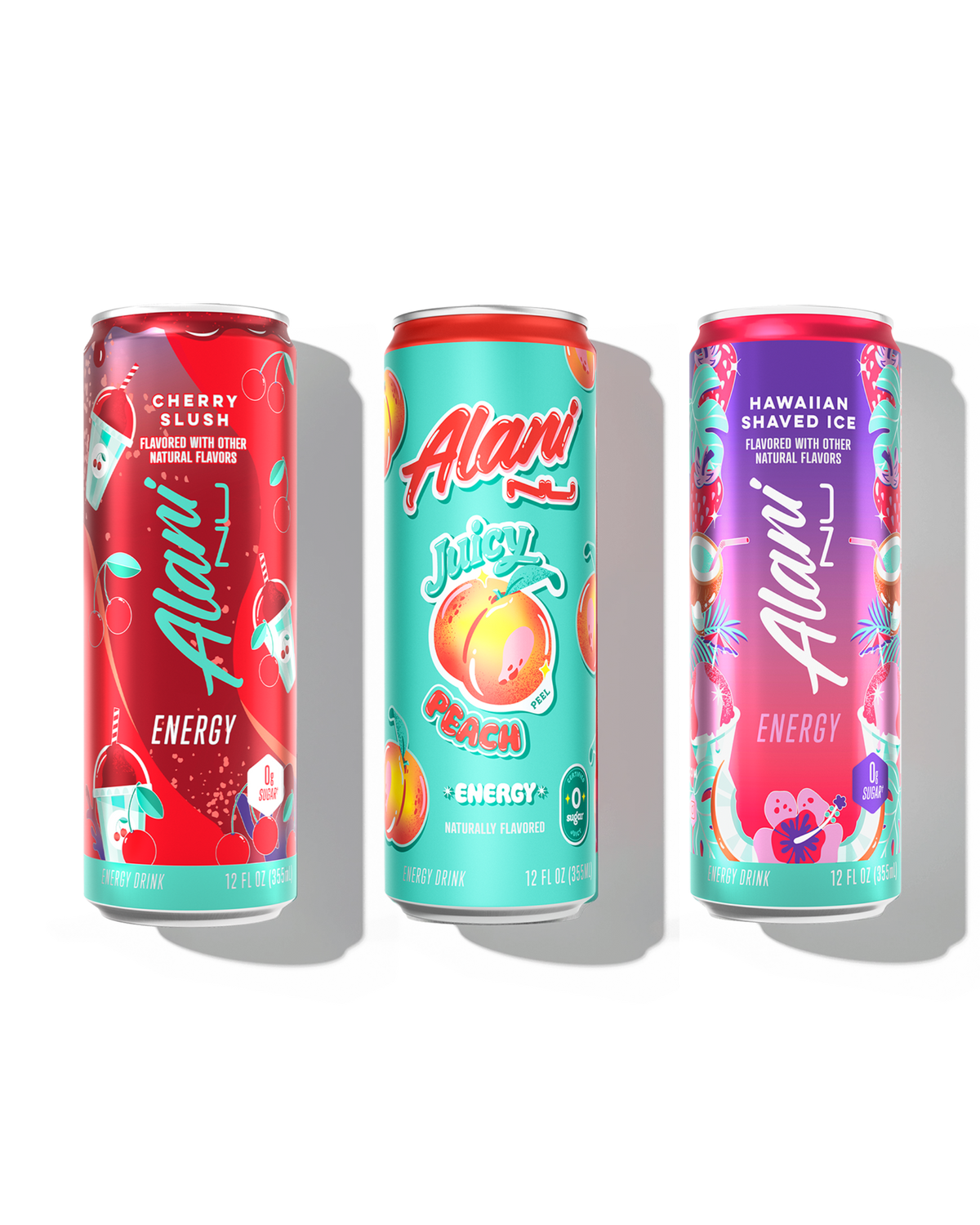 The front view of 3 sugar-free, 12oz Alani Nu Energy Drinks—Cherry Slush (flavored with other natural flavors), Juicy Peach (naturally flavored), and Hawaiian Shaved Ice (flavored with other natural flavors).
