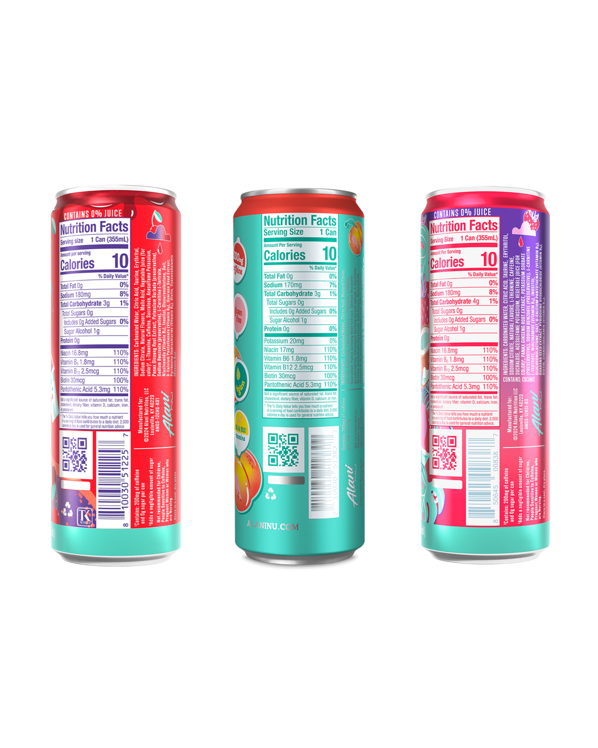The back views of Alani’s 10-calorie Cherry Slush, Juicy Peach, and Hawaiian Shaved Ice Energy, highlighting each can's nutrition facts and ingredients.