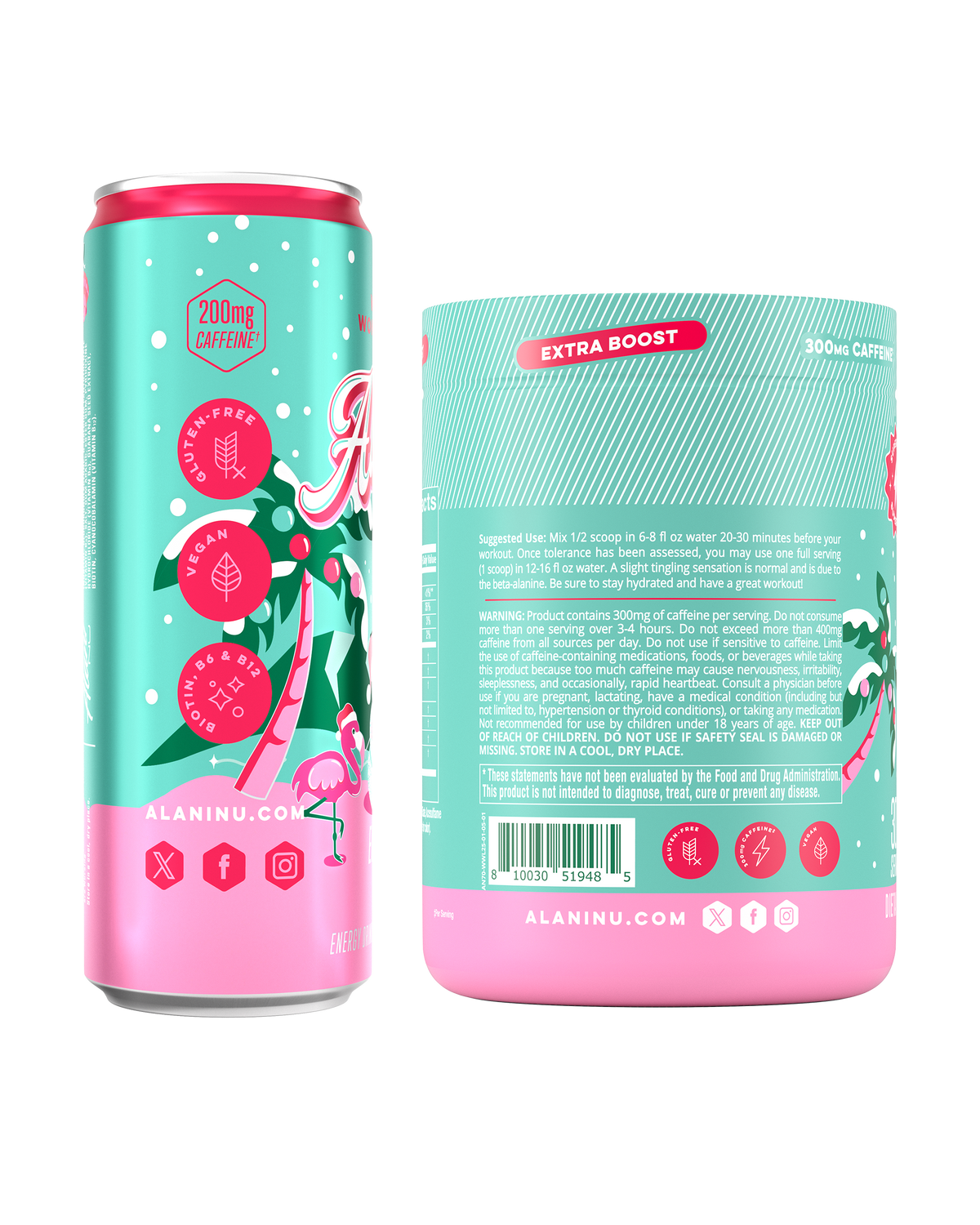 The back view of Alani Nu's exclusive Winter Wonderland Bundle, including 1 sugar-free, 12oz Energy Drink 12-Pack and 1 30-Serve Pre-Workout+.