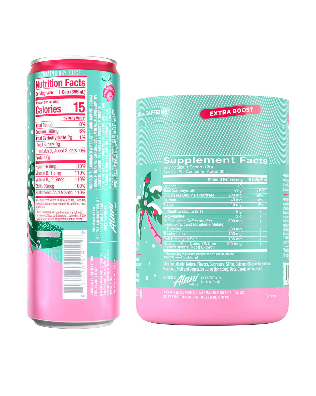 The side view of Alani Nu's exclusive Winter Wonderland Bundle, including 1 sugar-free, 12oz Energy Drink 12-Pack and 1 30-Serve Pre-Workout+.