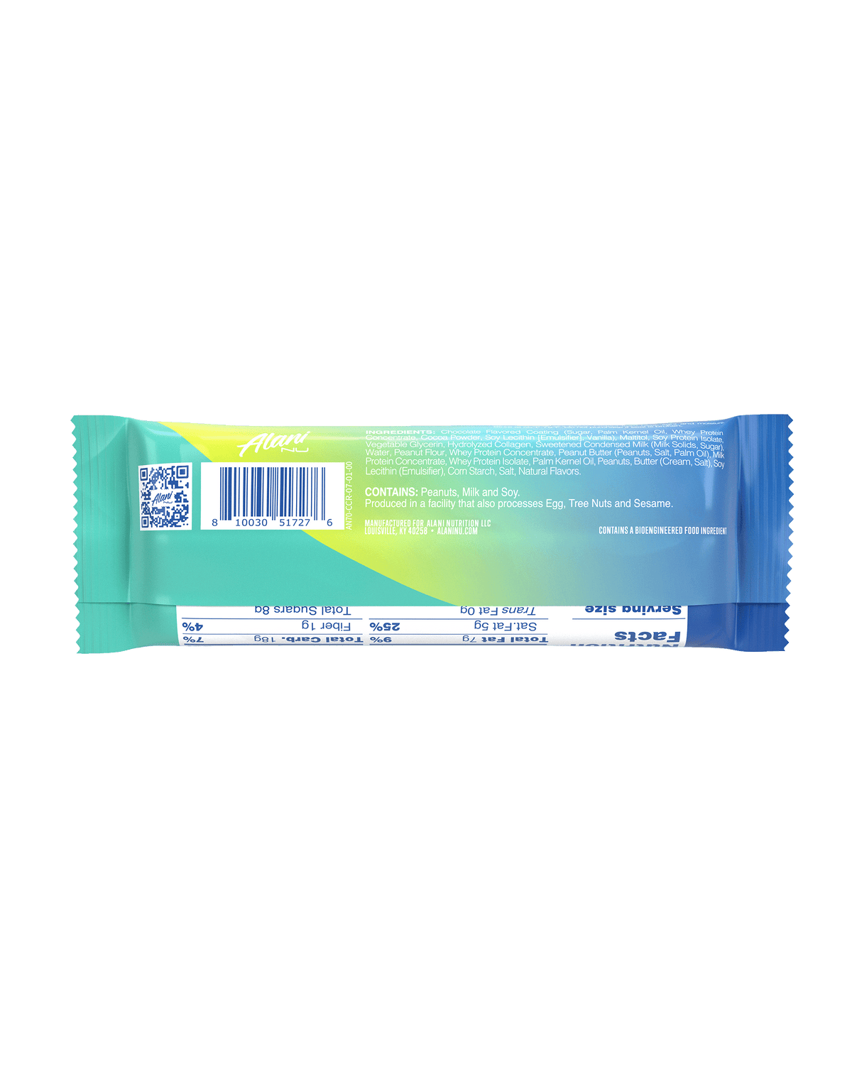 A back view of Protein Bar in Caramel Crunch flavor highlighting nutrition facts.