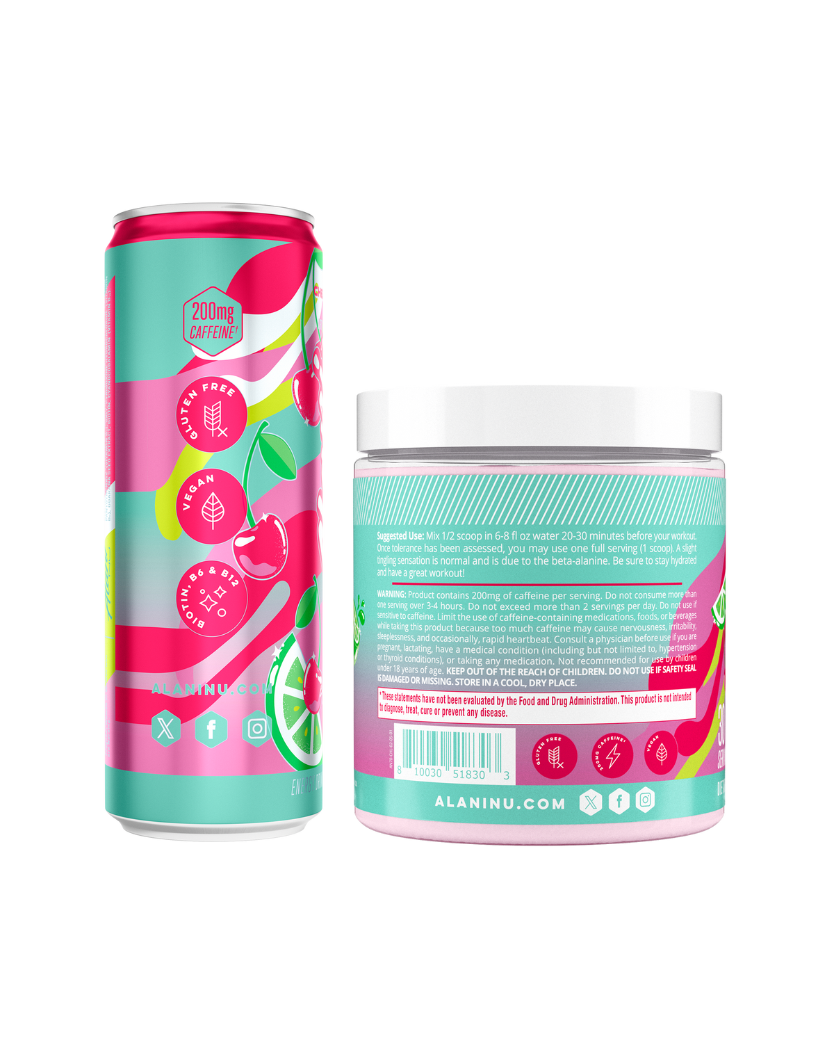 The side view of an Alani Nu Cherry Twist Energy Drink can and Pre- Workout tub