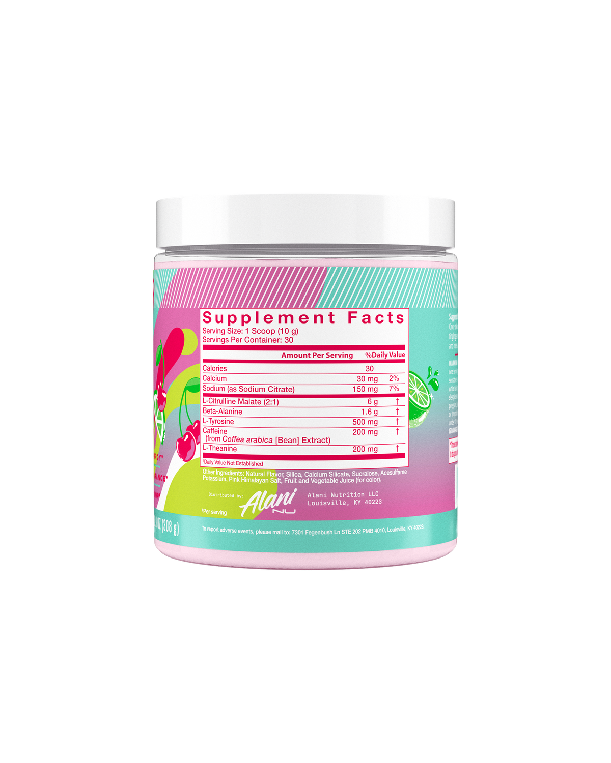 The back view of a 30-calorie Cherry Twist Pre-Workout tub, highlighting nutrition facts and ingredients.