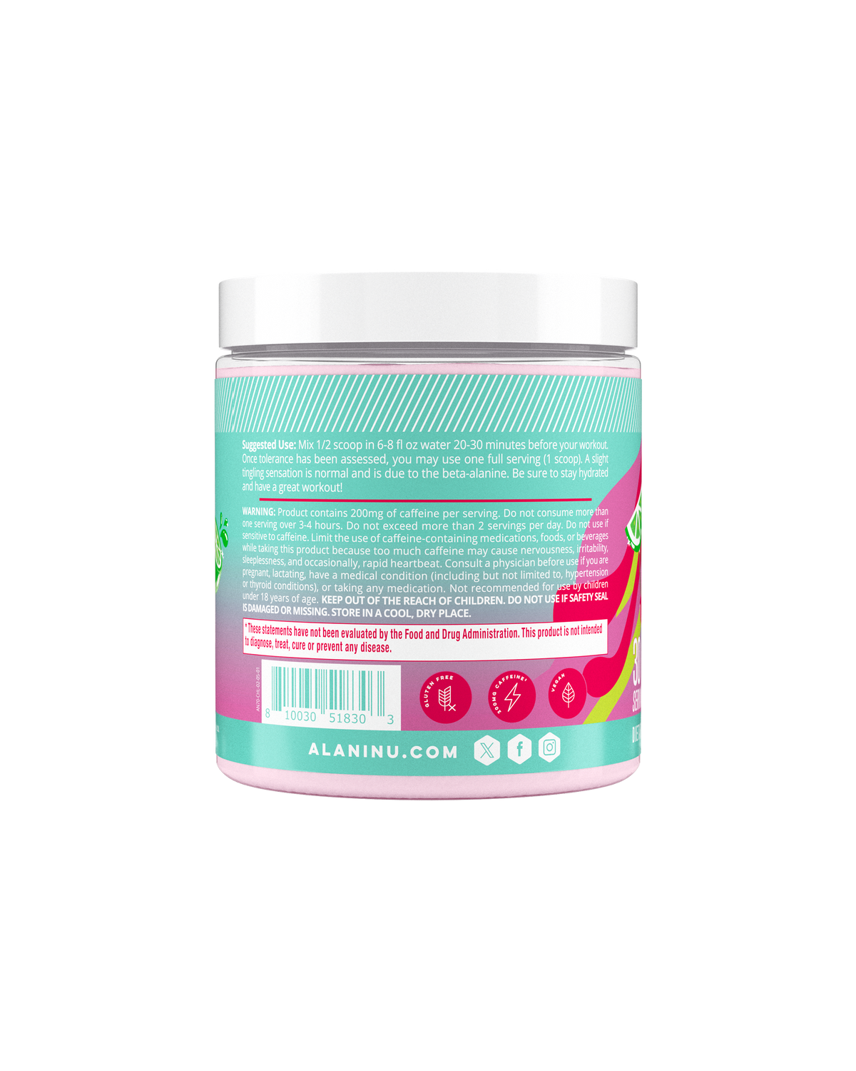 The side view of a Cherry Twist Pre-Workout tub, gluten-free, vegan, and made with 200mg of caffeine. Suggested-use directions shown.