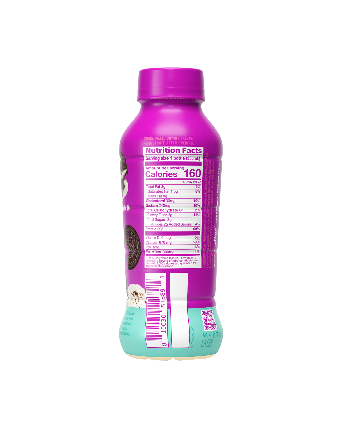 A side view of a Cookies & Cream Alani Protein Shake, featuring the Nutrition Facts and barcode.