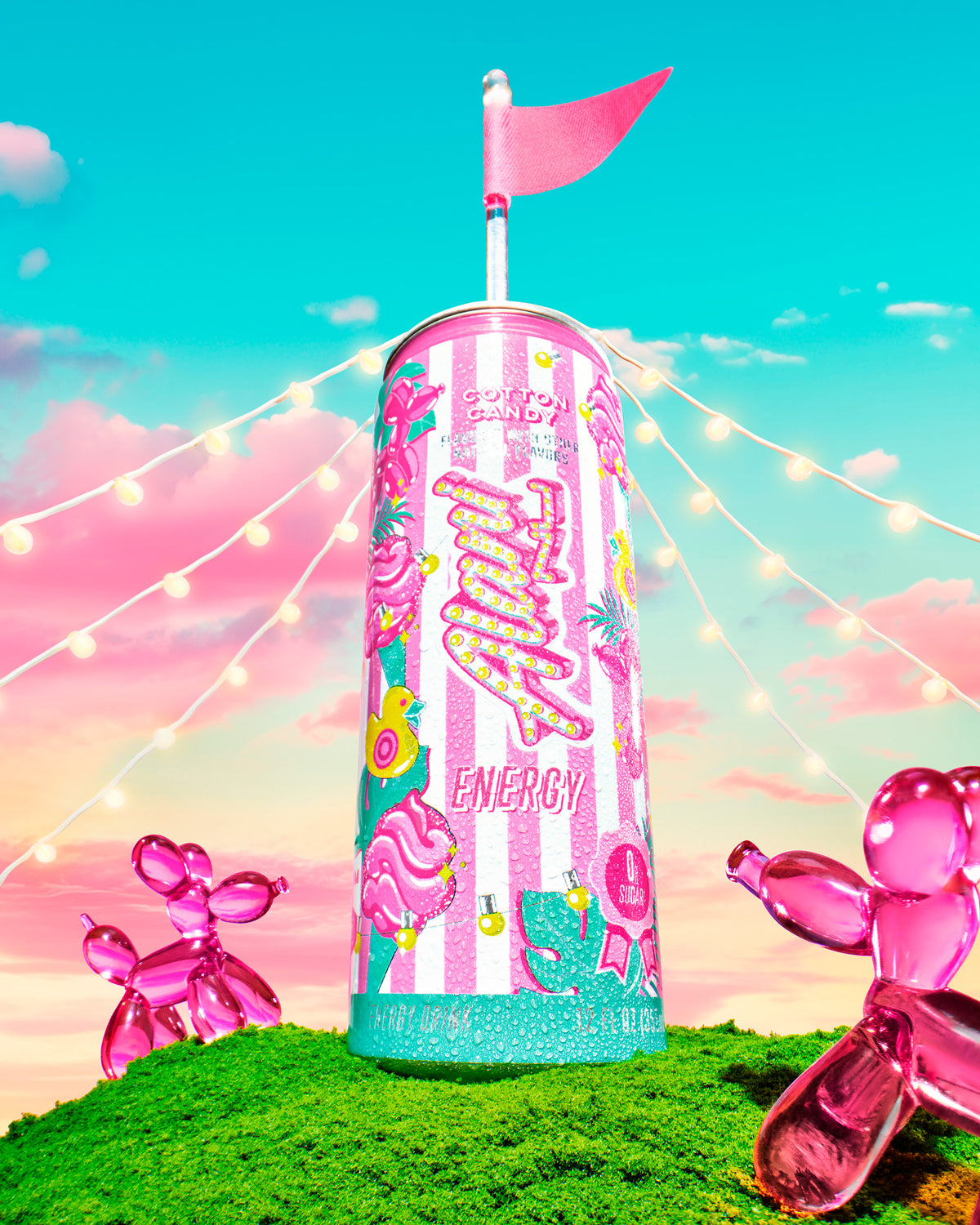 An Energy Drink next to a mini circus tent with a marquee "Alani Nu" sign. Pink cotton candy flowers fill the surreal hillscape.