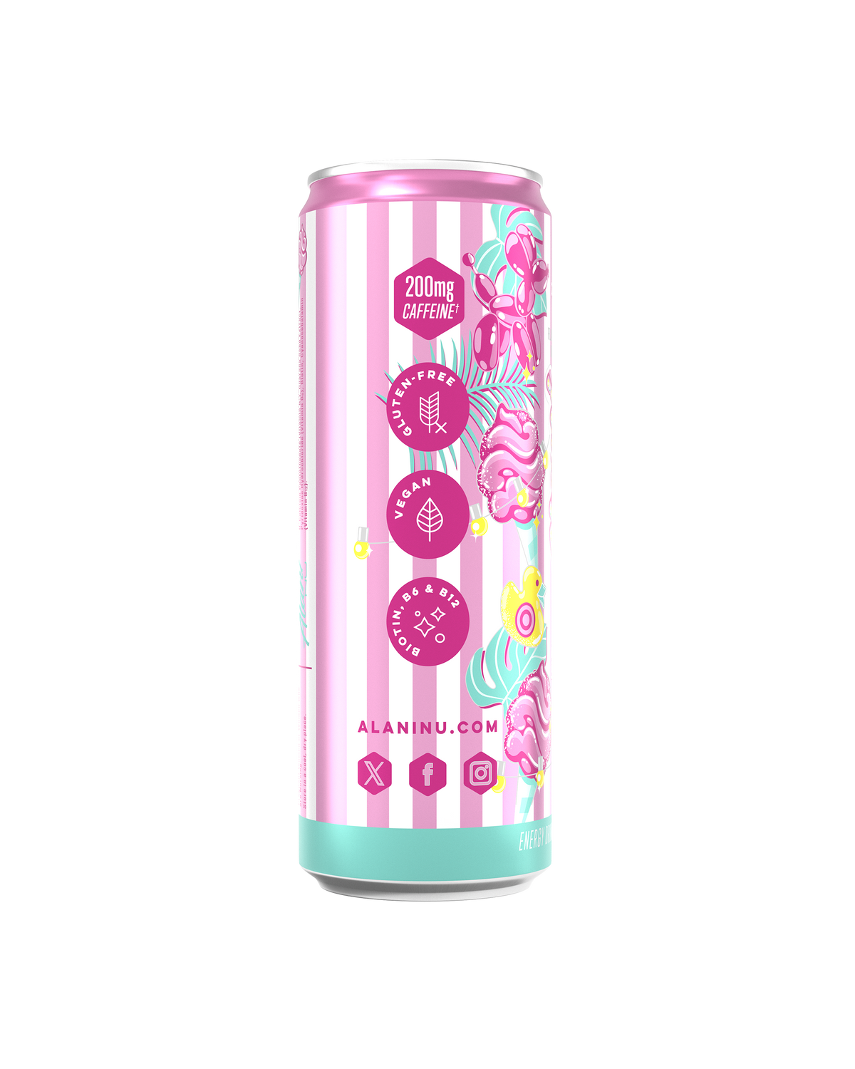 The side view of a Cotton Candy Energy Drink, gluten-free, vegan, and made with B vitamins and 200mg of caffeine per serving.