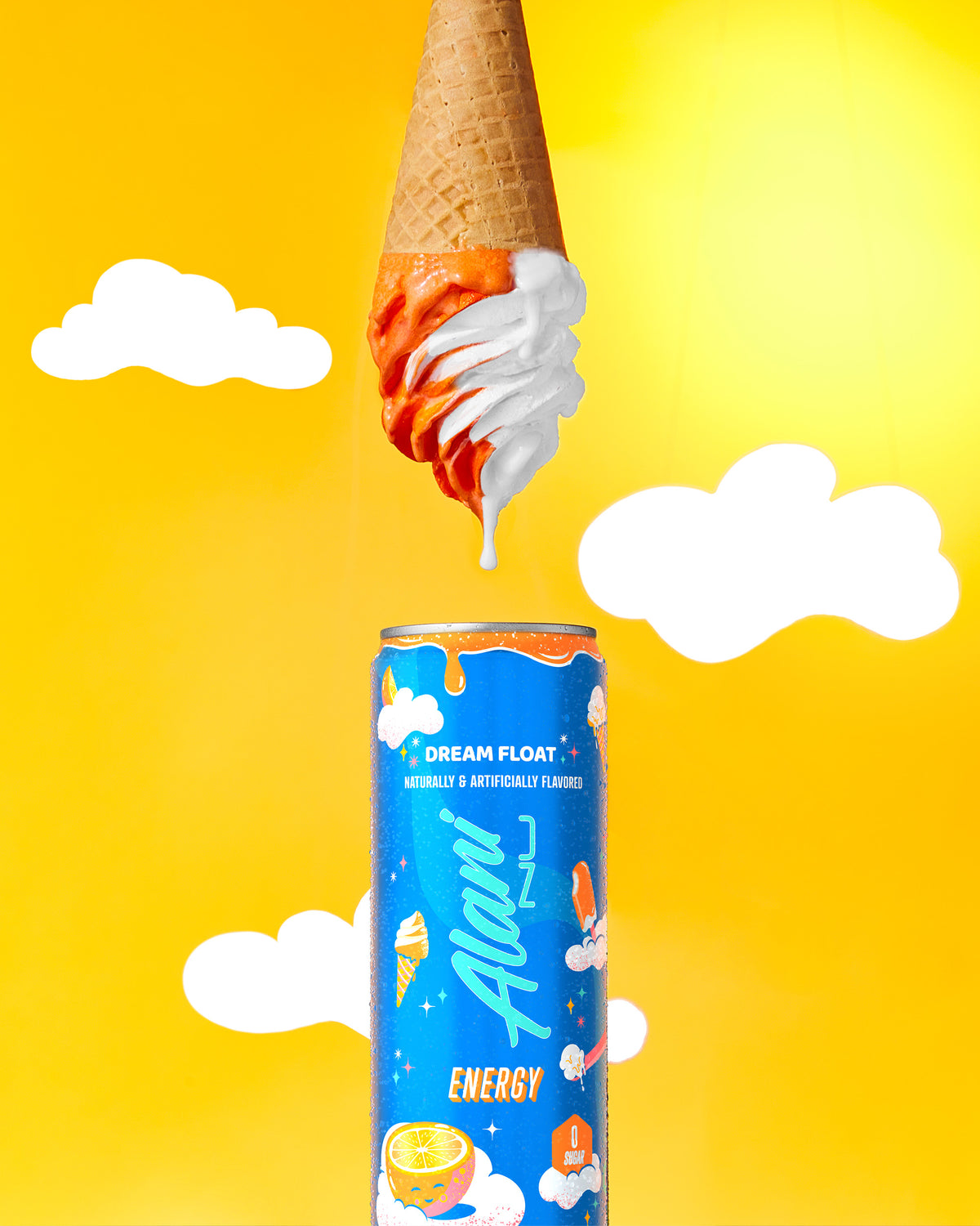 A energy drink in Dream Float flavor displayed next to a cone in upside down from the energy drink.