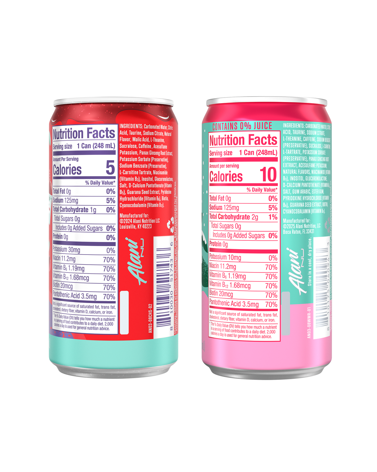 The back views of Cherry Slush and Winter Wonderland Mini Energy, highlighting each 5-10-calorie can's nutrition facts and ingredients.