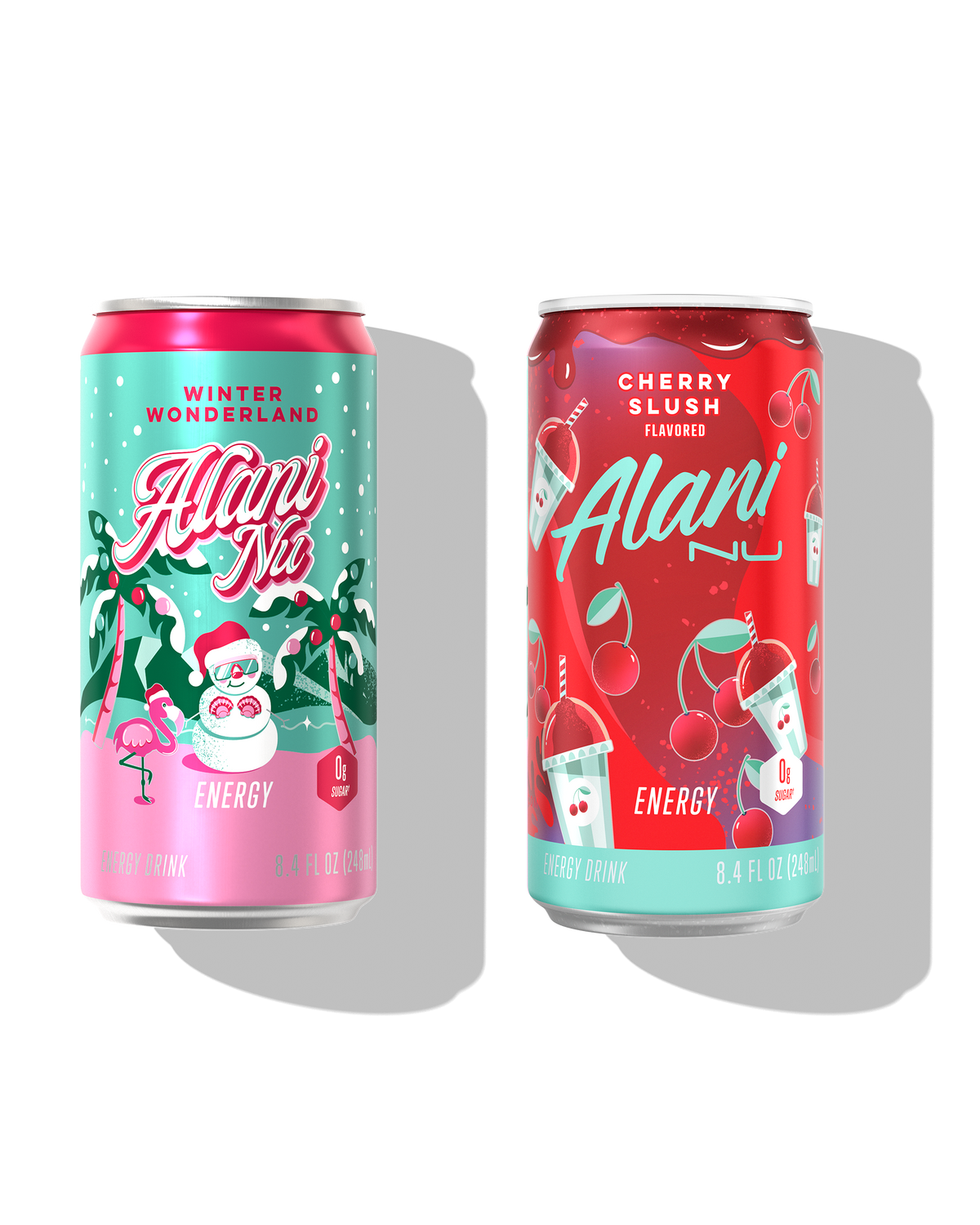 The front views of 2 sugar-free, 8.4oz Mini Alani Nu Energy Drinks: Winter Wonderland (flavored with other natural flavors) and Cherry Slush (flavored).