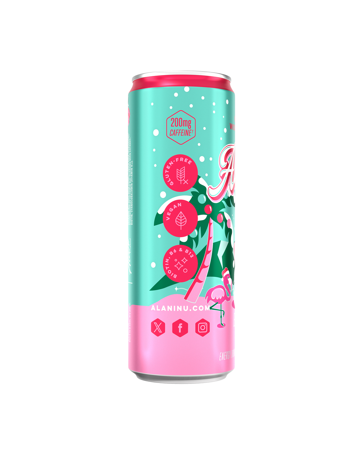 The side view of a Winter Wonderland Energy Drink, gluten-free, vegan, and made with B vitamins and 200mg of caffeine per serving.