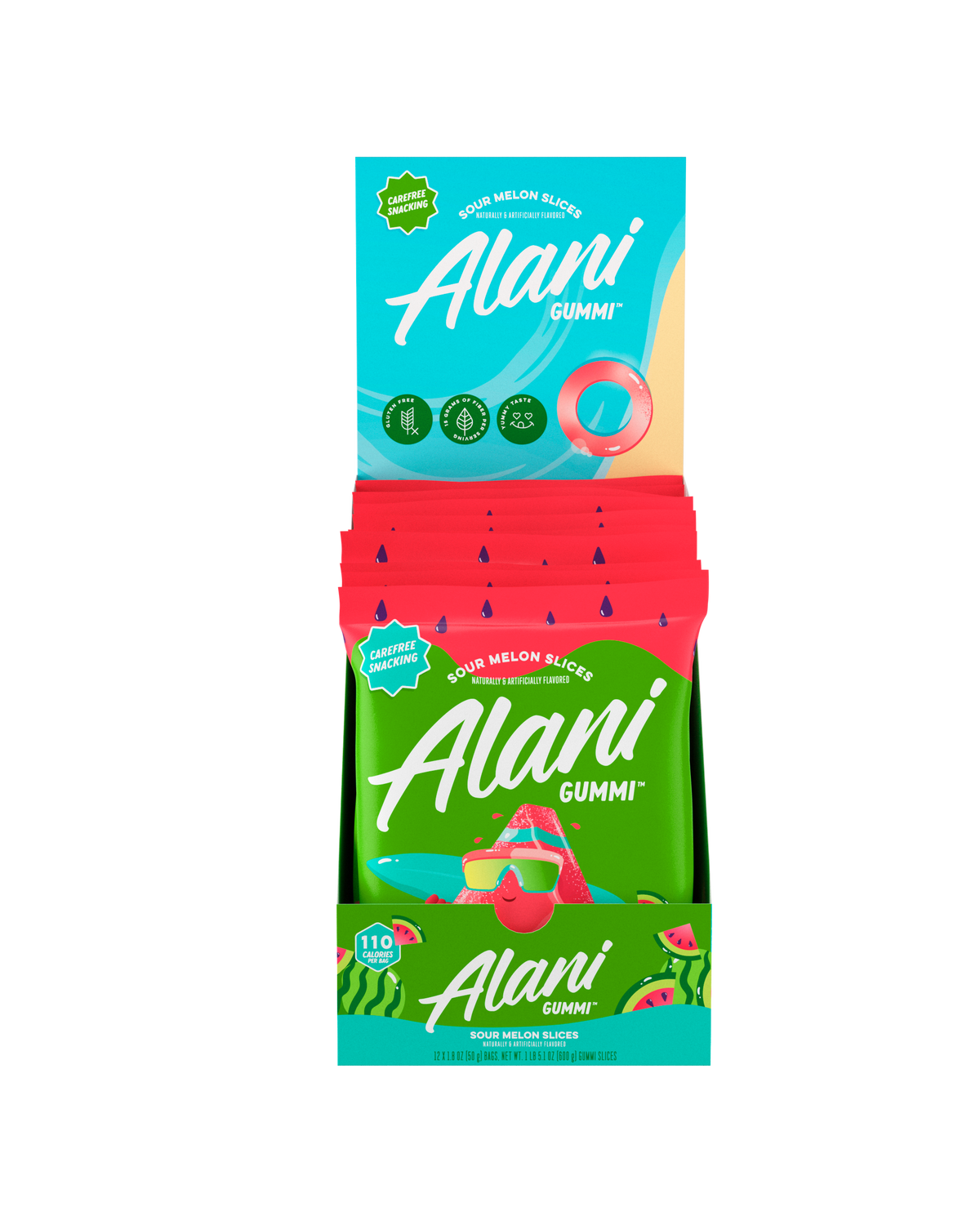 A 12 pack front view of gummi in flavor sour melon slices. 