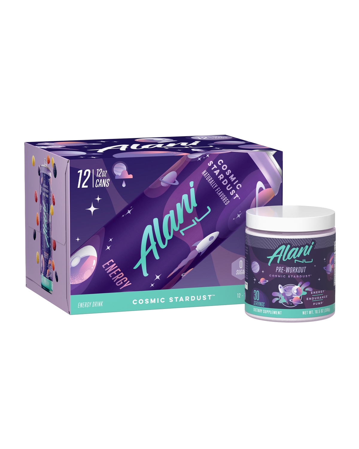 Front render of Cosmic Stardust Energy Drink and Pre-workout.