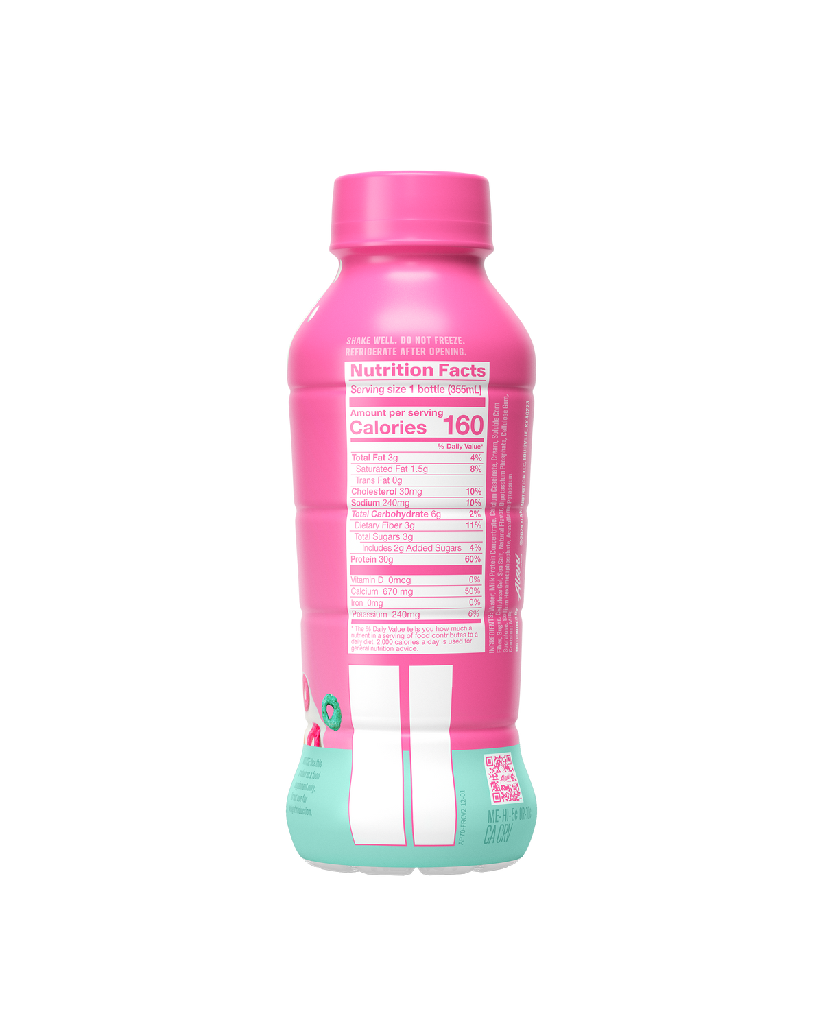 A side view of a Fruity Cereal Alani Protein Shake, featuring the Nutrition Facts and barcode.