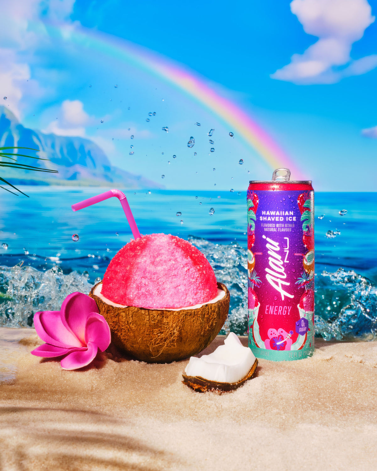 An Energy Drink next to pink shaved ice in a coconut shell. In the distance, a lush island and a rainbow. 