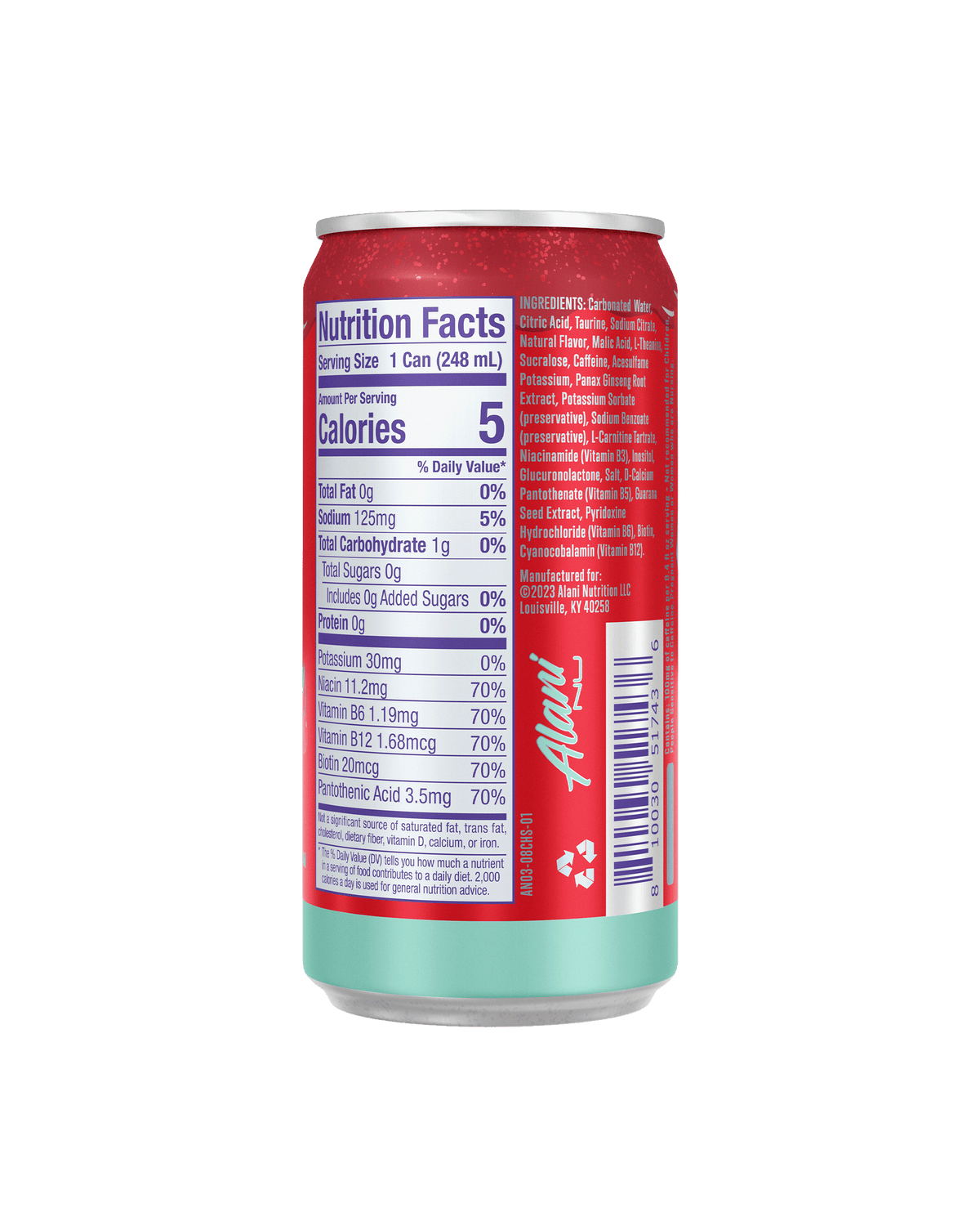 A back view of Mini Energy in Cherry Slush flavor highlighting nutrition facts details.