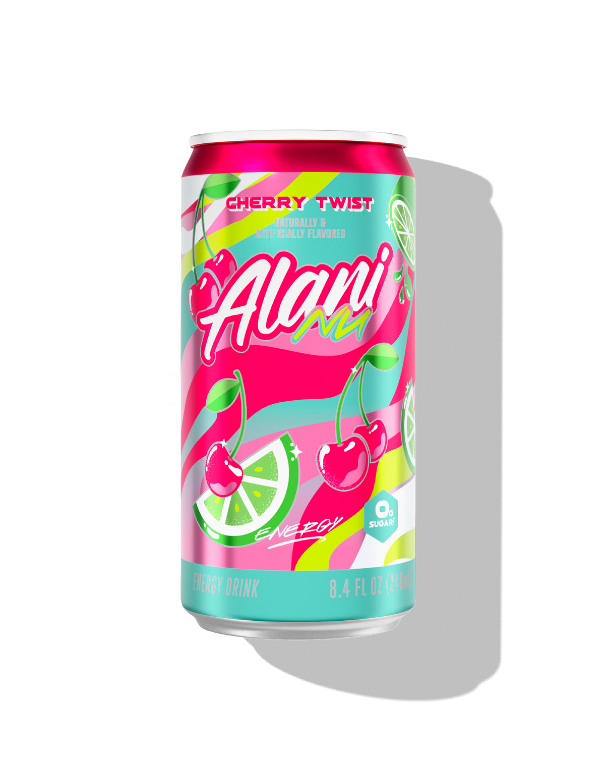 The front view of a sugar-free 8.4oz can of Cherry Twist Alani Nu Mini Energy, naturally and artificially flavored.