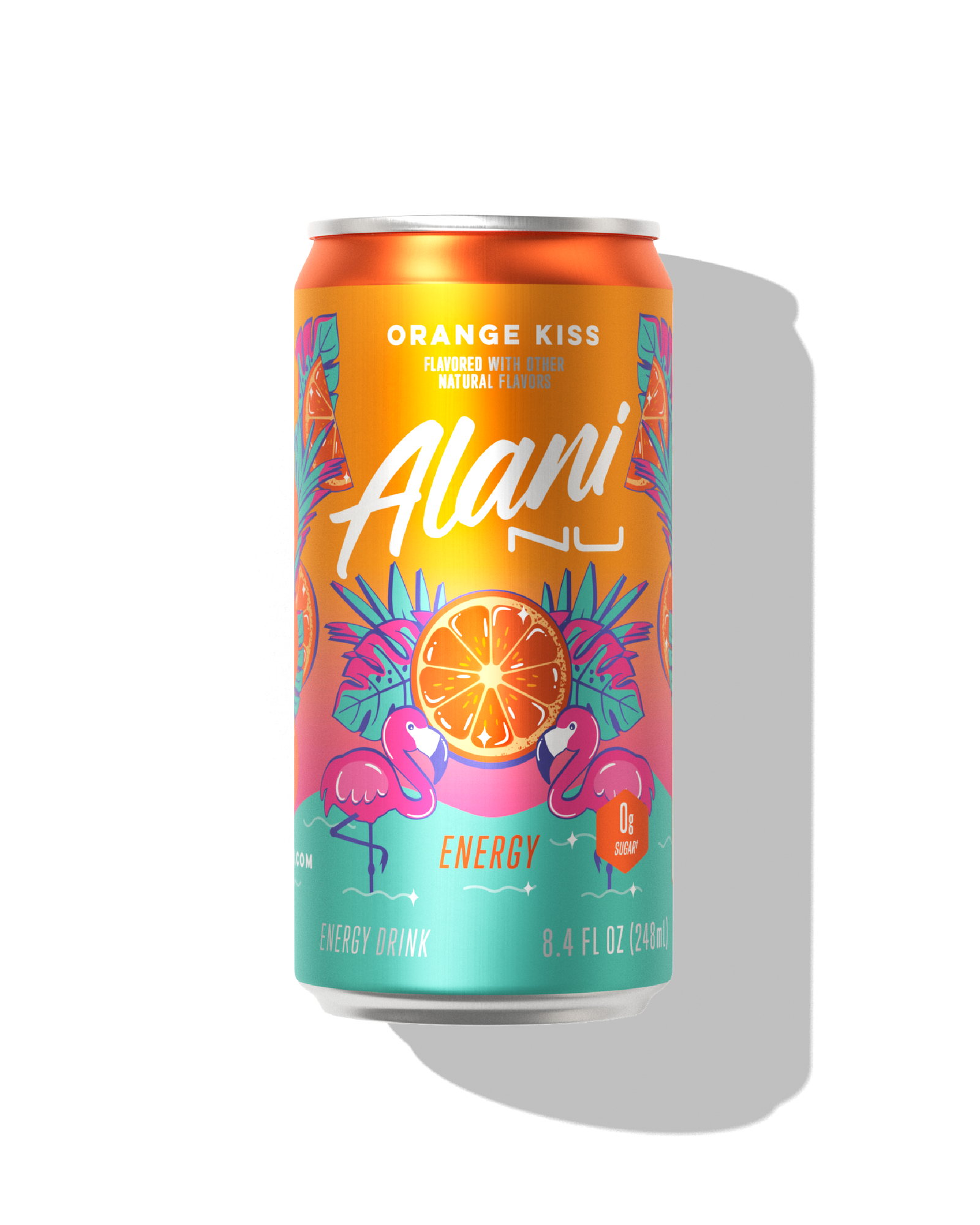 The front view of a sugar-free 8.4oz can of Orange Kiss Alani Nu Mini Energy, flavored with other natural flavors.