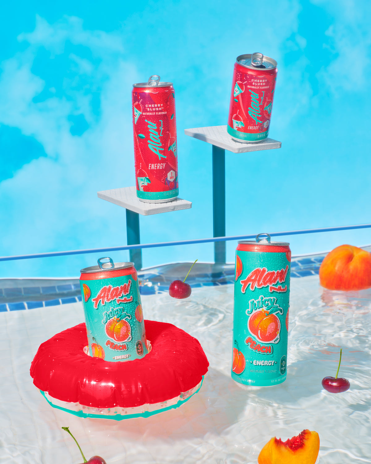 Juicy Peach floating next to Mini Energy size and regualar Energy Size in a pool of cherries and Peaches.