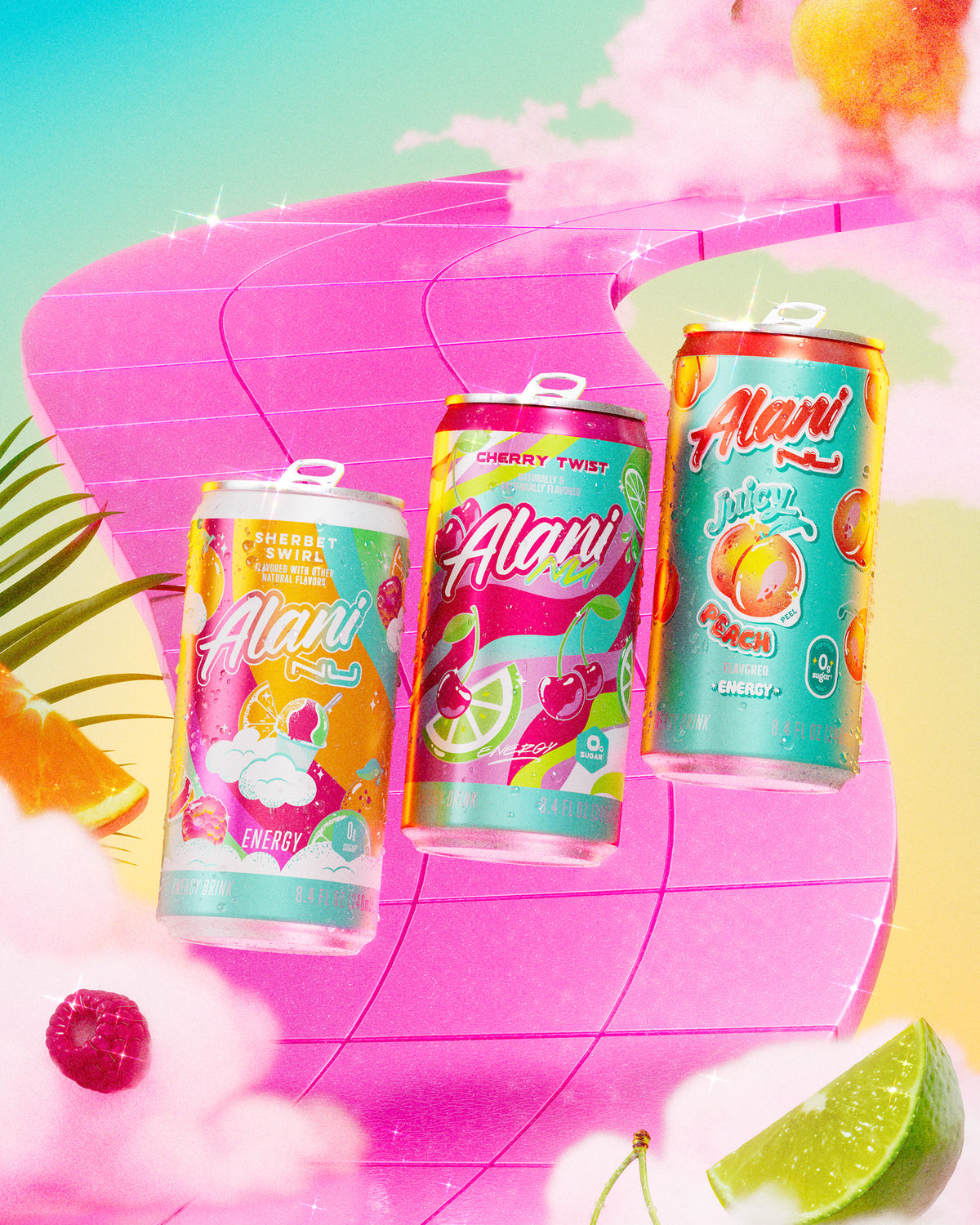 8.4oz Juicy Peach, Cherry Twist, and Sherbet Swirl Mini Energy cans resting on a mirrored surface alongside puddles of Alani Energy and fresh fruit.