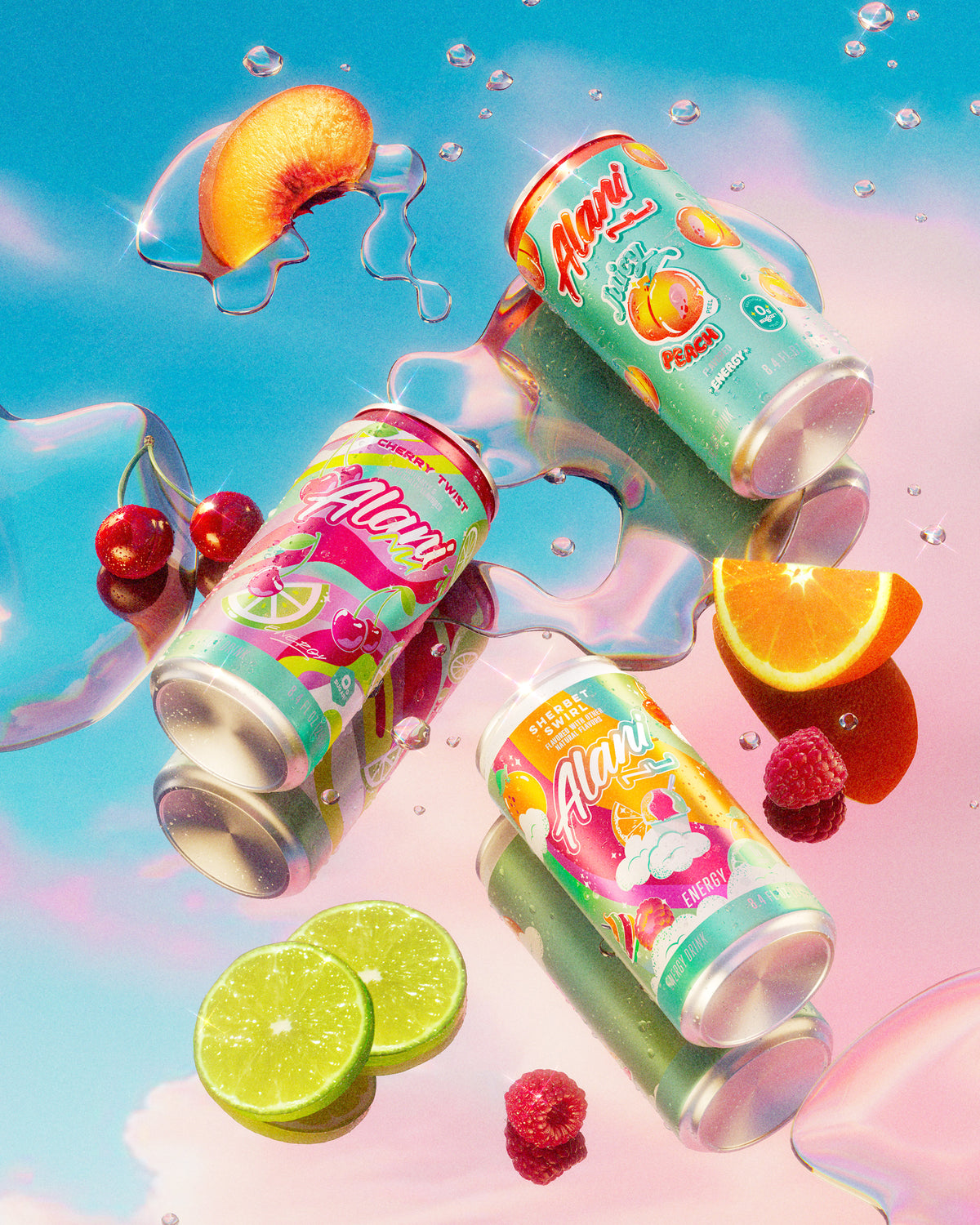 Alani's Mini Retro Mix Mini Energy lineup (Sherbet Swirl, Cherrt Twist, and Juicy Peach) floating with clouds and fresh fruit above a surreal pink path.