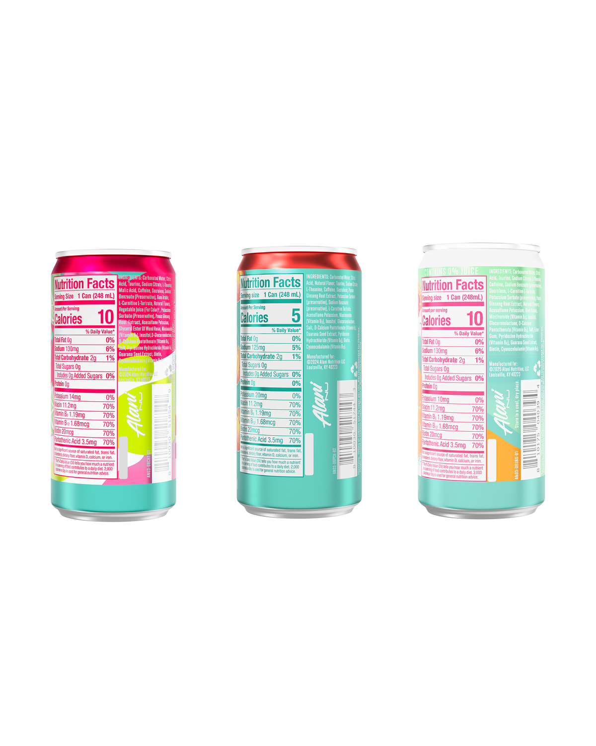 The back views of Cherry Twist, Juicy Peach, and Sherbet Swirl Mini Energy, highlighting each 5-10-calorie can's nutrition facts and ingredients.