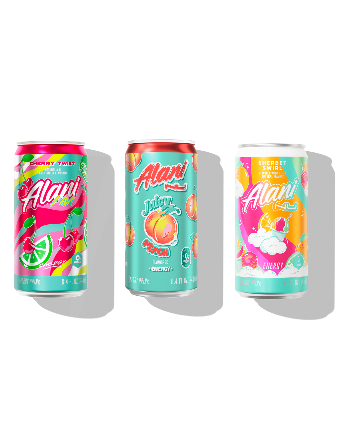 The front views of 3 sugar-free, 8.4oz Mini Alani Nu Energy Drinks: Cherry Twist (naturally & artificially flavored), Juicy Peach (flavored), and Sherbet Swirl (flavored with other natural flavors).