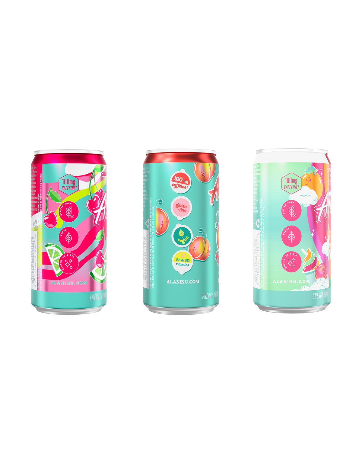 The side views of Alani’s Cherry Twist, Juicy Peach, and Sherbet Swirl Mini Energy Drinks—each gluten-free, vegan, and made with B vitamins and 100mg of caffeine per serving.