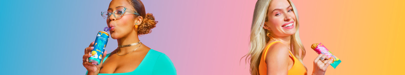 Alani Athletes Ajahzi Gardner and Claudia Walsh. Ajahzi sips an Energy Drink and Claudia Walsh snacks on a Protein Bar.