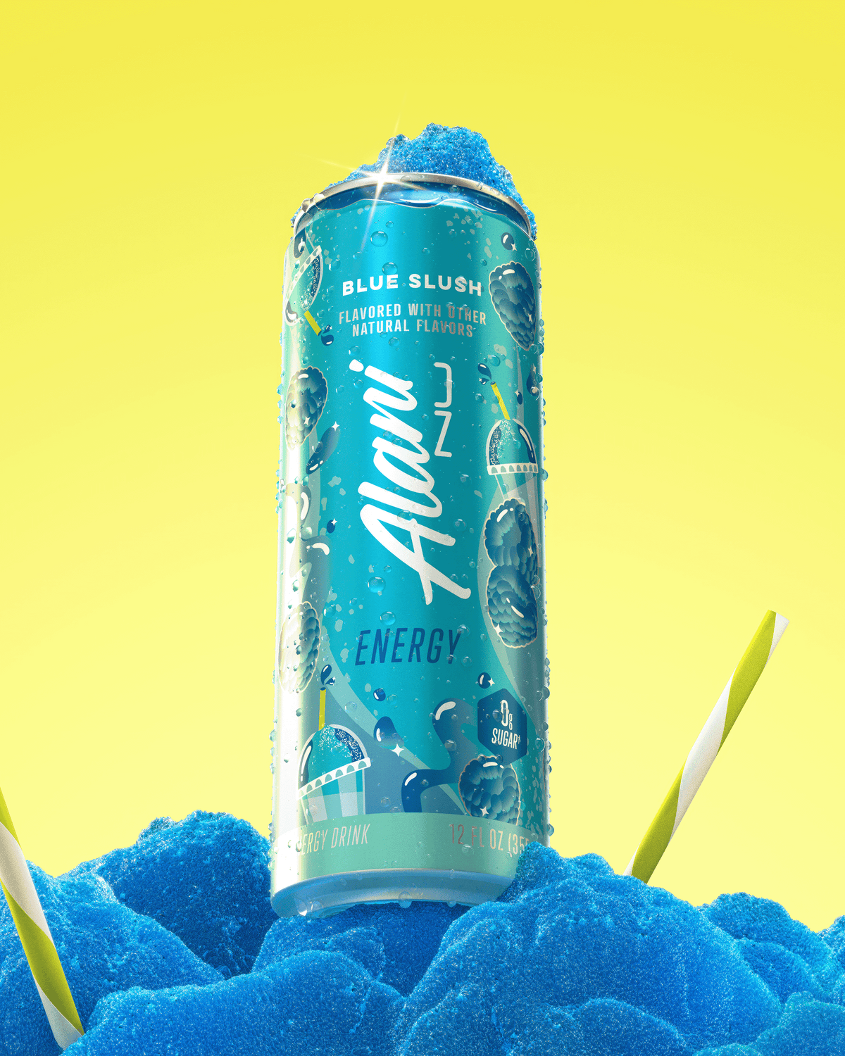 A sugar-free Blue Slush Energy Drink resting on several scoops of blue raspberry slushie, adorned with two striped straws.