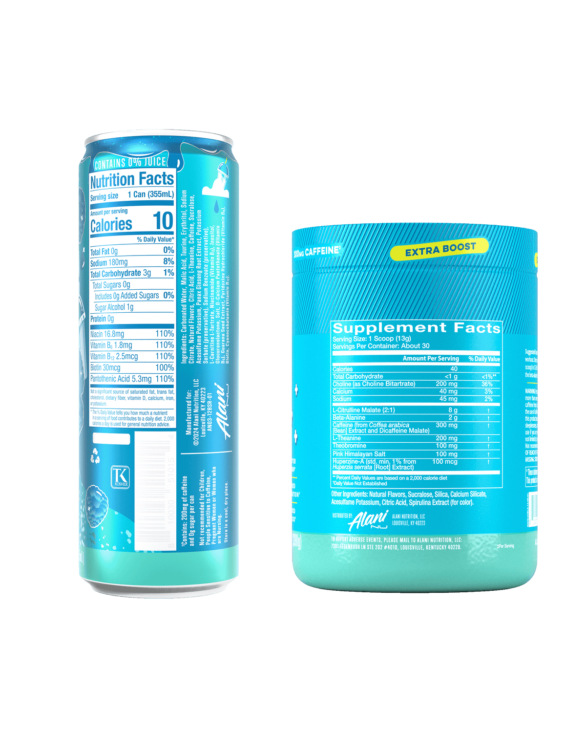 The back views of two Blue Slush products—an Energy Drink 12-Pack and a 30-Serve tub of Pre-Workout+.