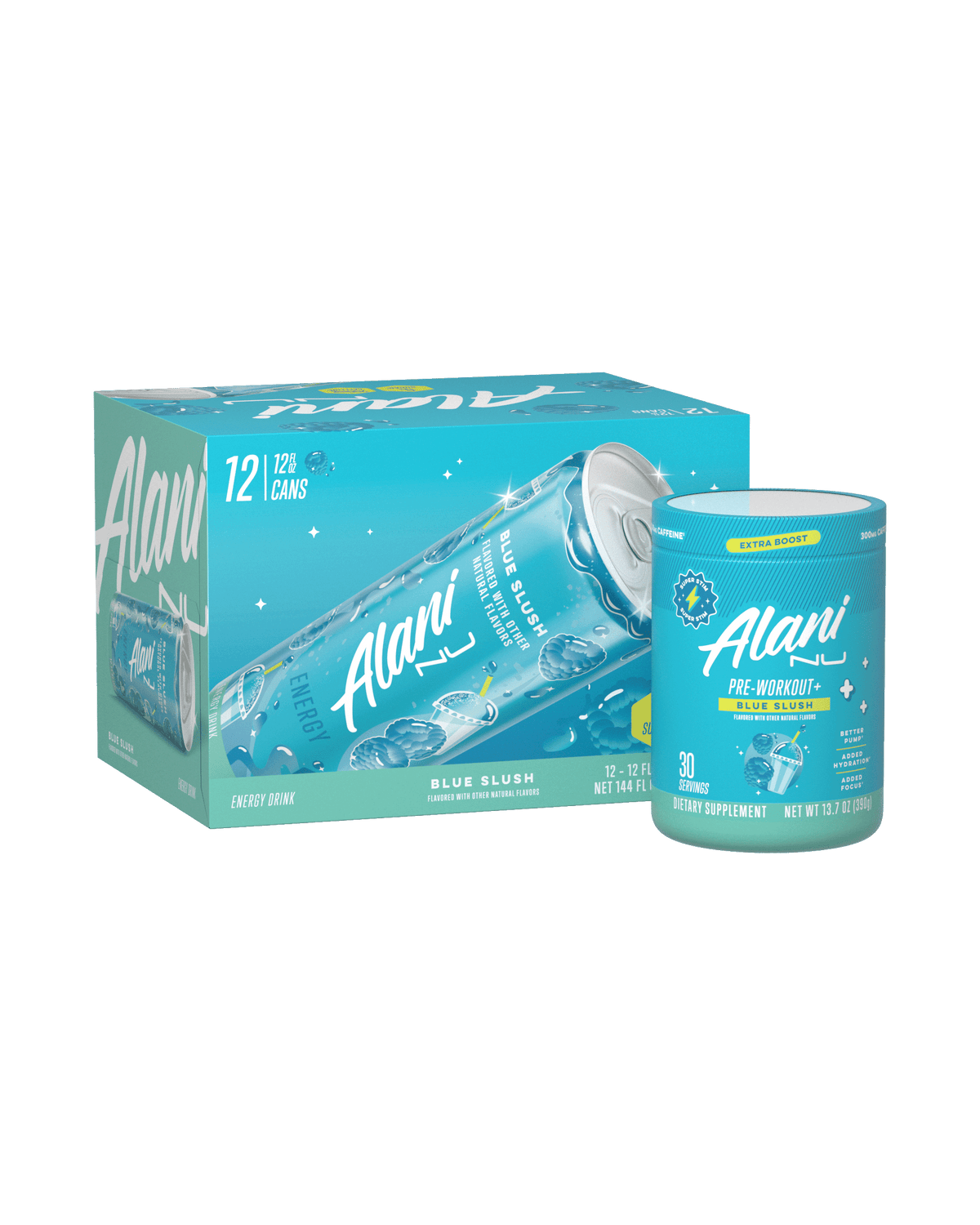 The front views of two Blue Slush products—an Energy Drink 12-Pack and a 30-Serve tub of Pre-Workout+.